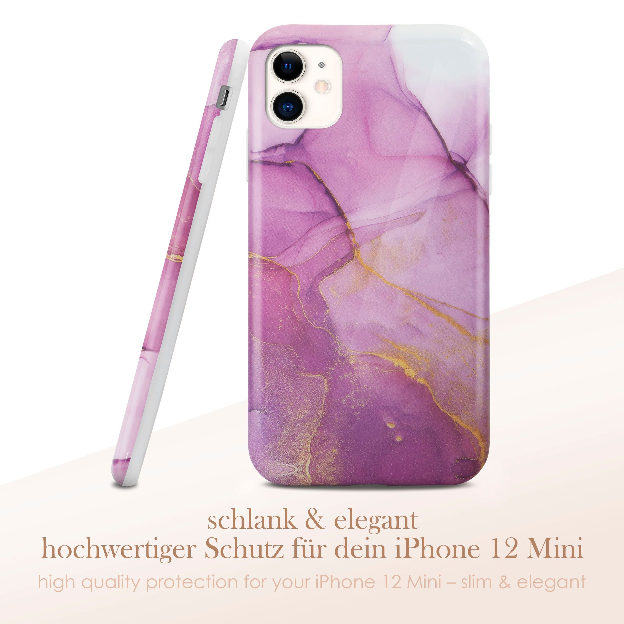 Rosa-lila Marmor-Handyhülle, neben dem Telefon auf weißem Untergrund stehend.