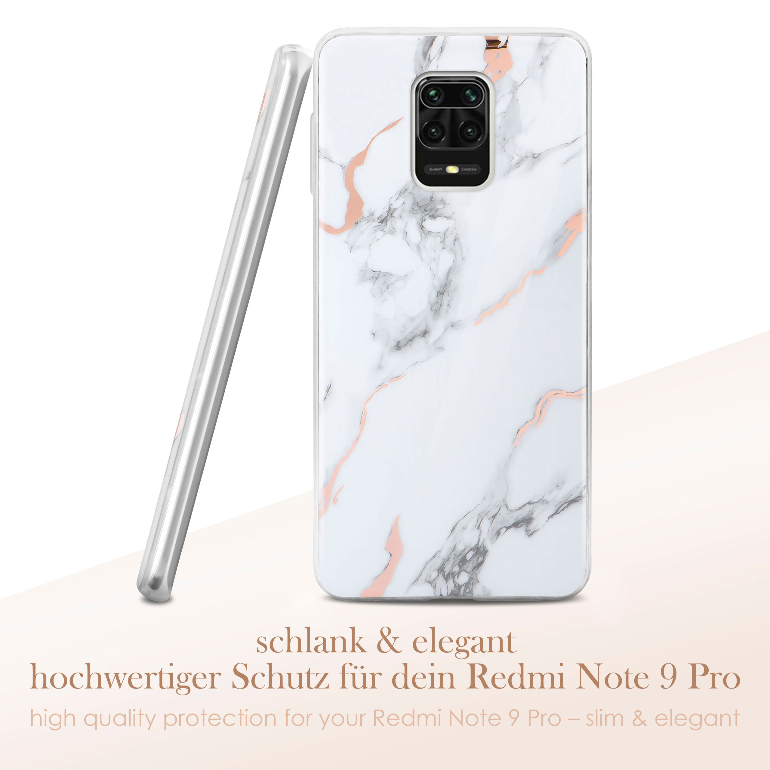 Handyhülle mit Marmordesign und roségoldfarbenen Akzenten. Text: hochwertiger Schutz.