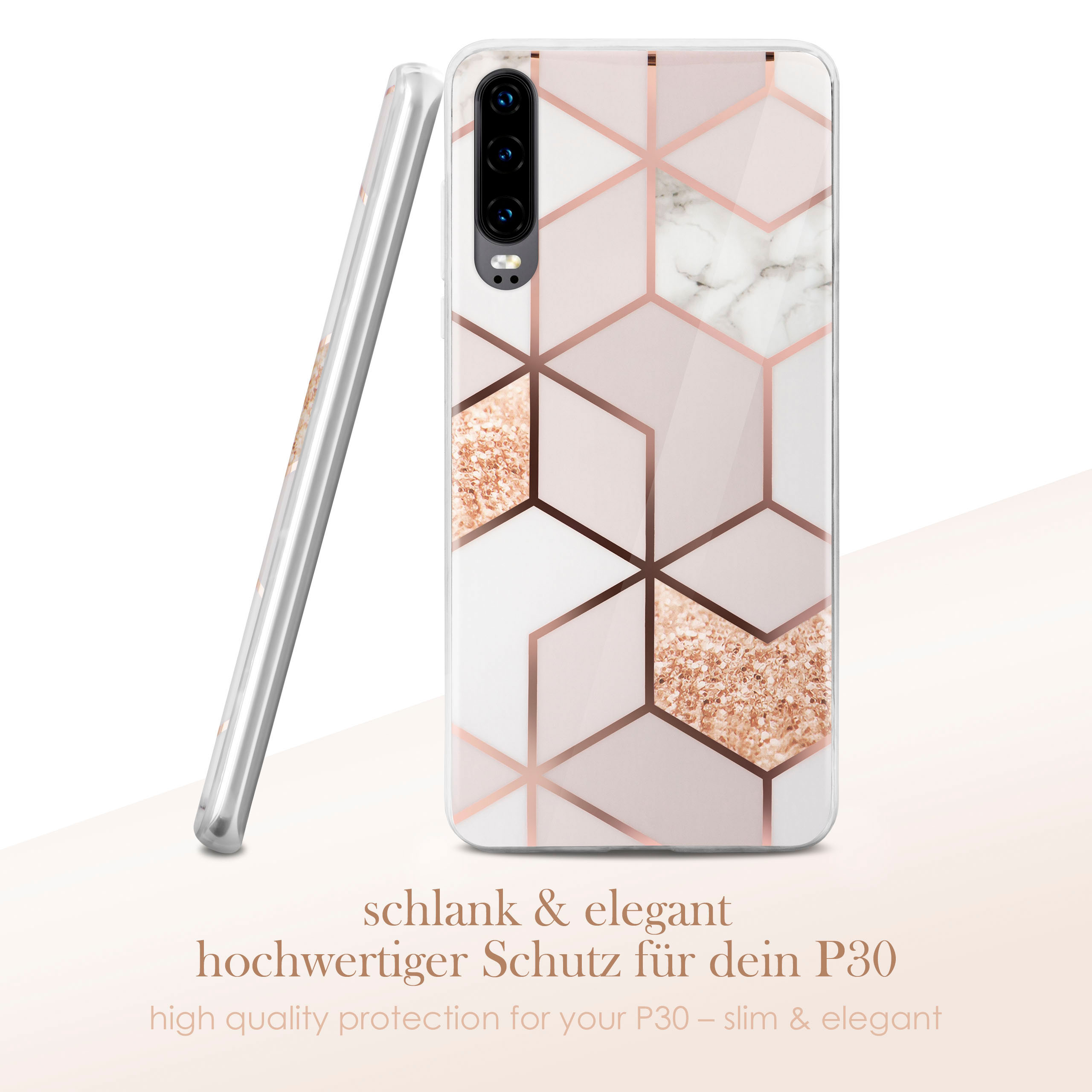 Handyhülle mit geometrischem Design, roségoldenen Akzenten und Marmor.