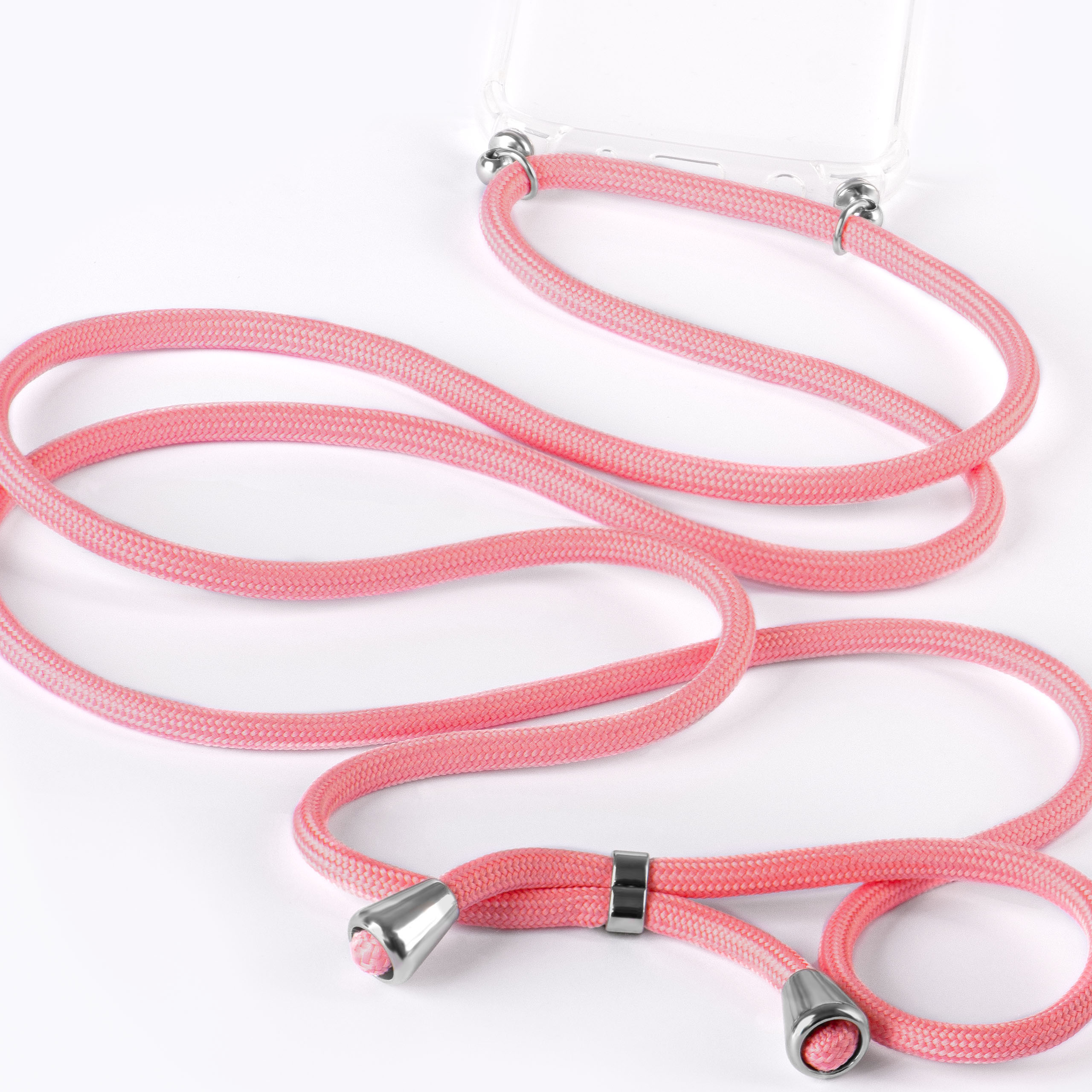 Ein pinkfarbenes Telefon-Umhängeband mit silbernen Aufsätzen.