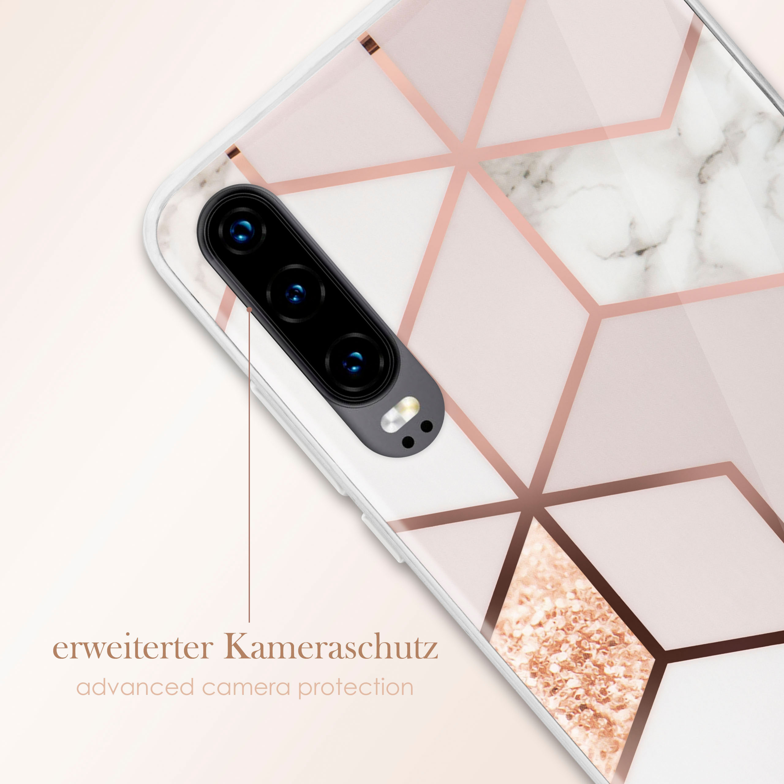 Eine Handyhülle mit Marmor- und geometrischem Design, roségoldfarbenen Akzenten und erweitertem Kameraschutz.