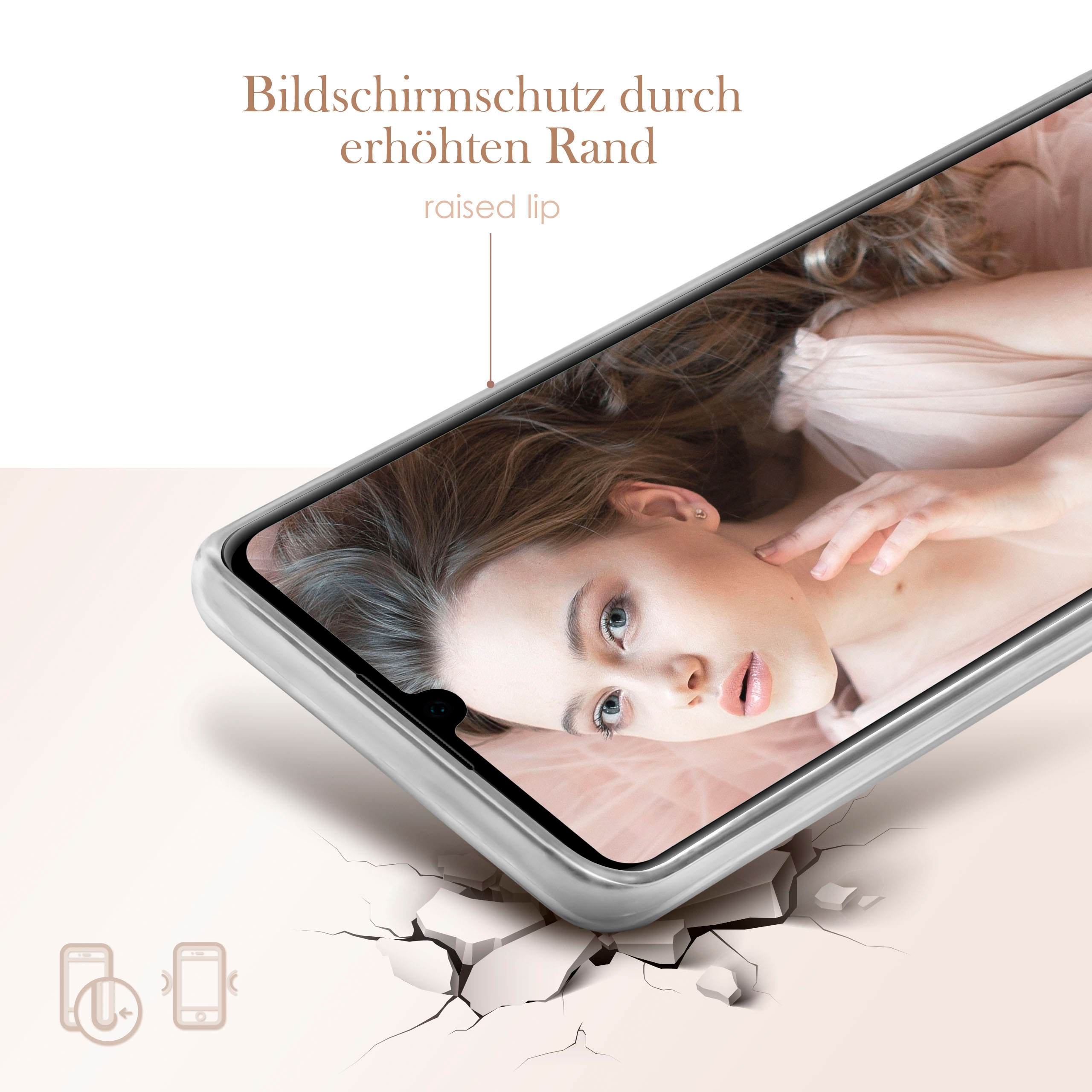 Handyhülle mit Frauenporträt. Auf rissiger Oberfläche platziert. Text über Bildschirmschutz.