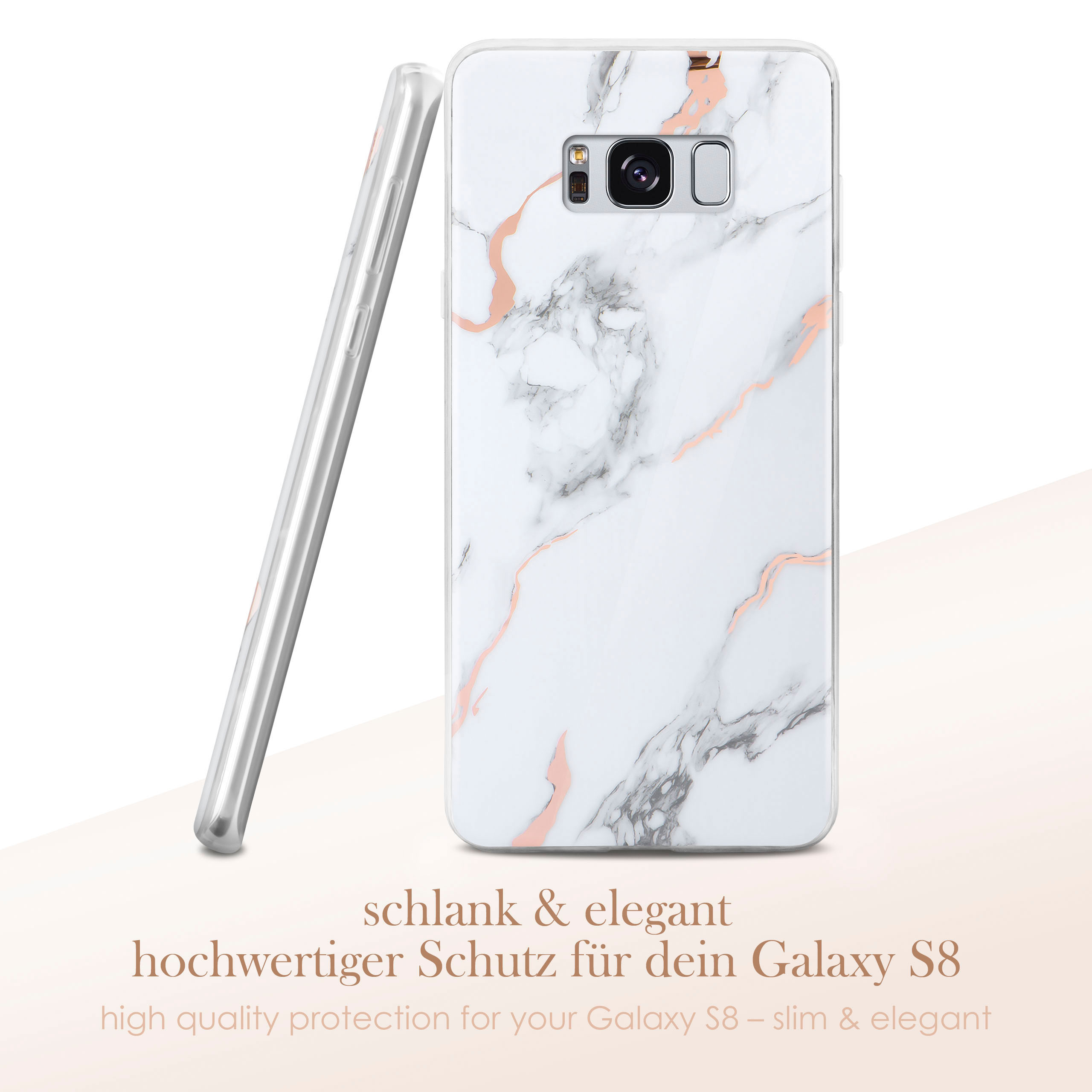 Weißes Handycase mit Marmormuster und rosa Akzenten. Eine transparente Hülle lehnt an der Seite. Text unten.