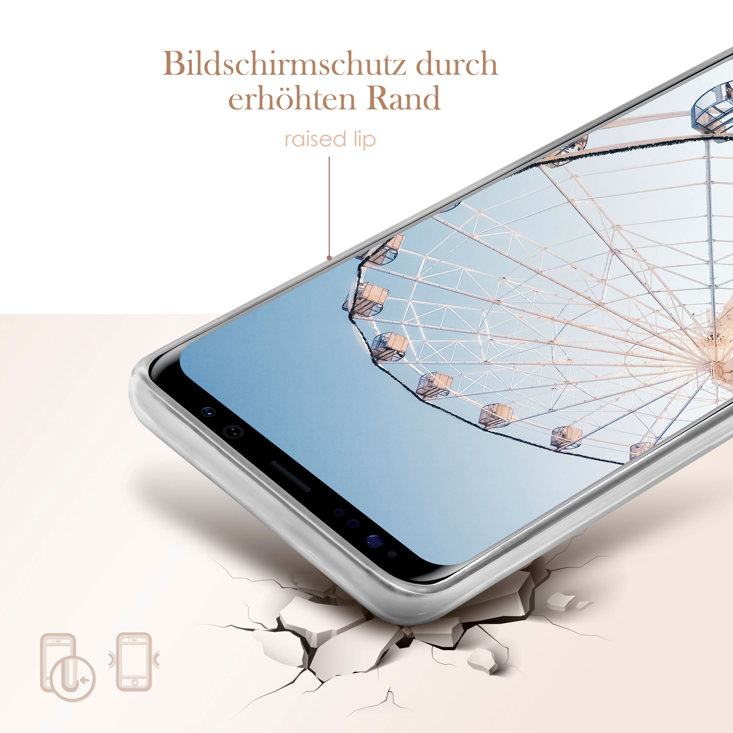 Telefon in einer Hülle mit einem Riesenradbild. Die Hülle liegt auf einer zerbrochenen Oberfläche.