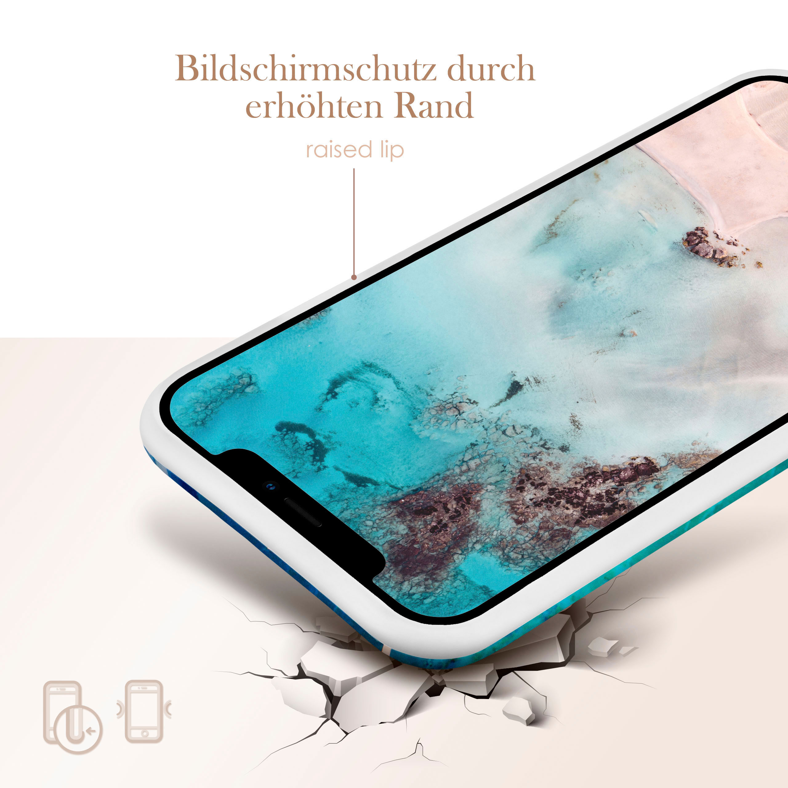 Eine Handyhülle mit blau-weißem Design auf weißer Oberfläche mit Rissen.