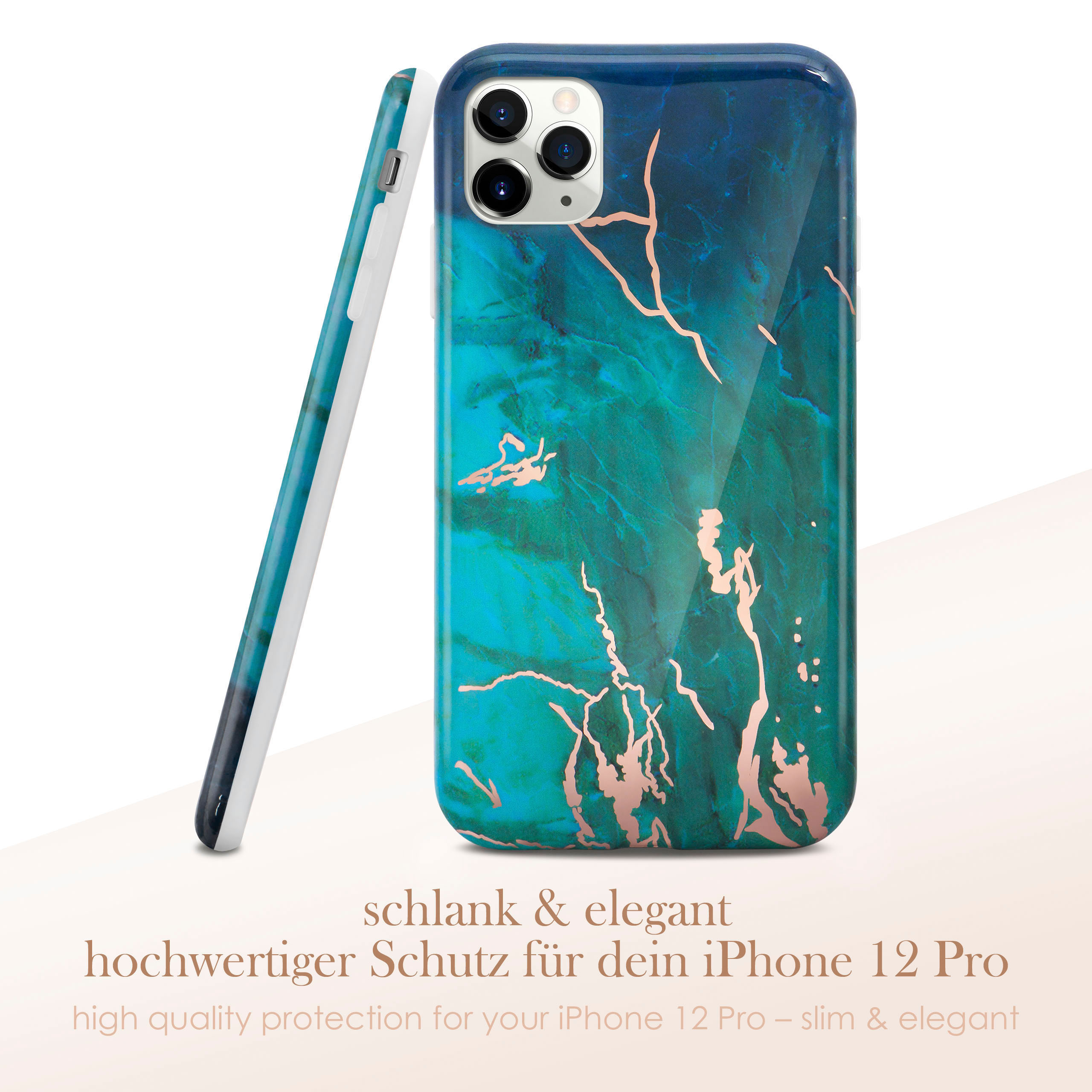 Handyhülle mit blauem und grünem Marmoreffekt, angezeigt mit Text 'hochwertiger Schutz'.