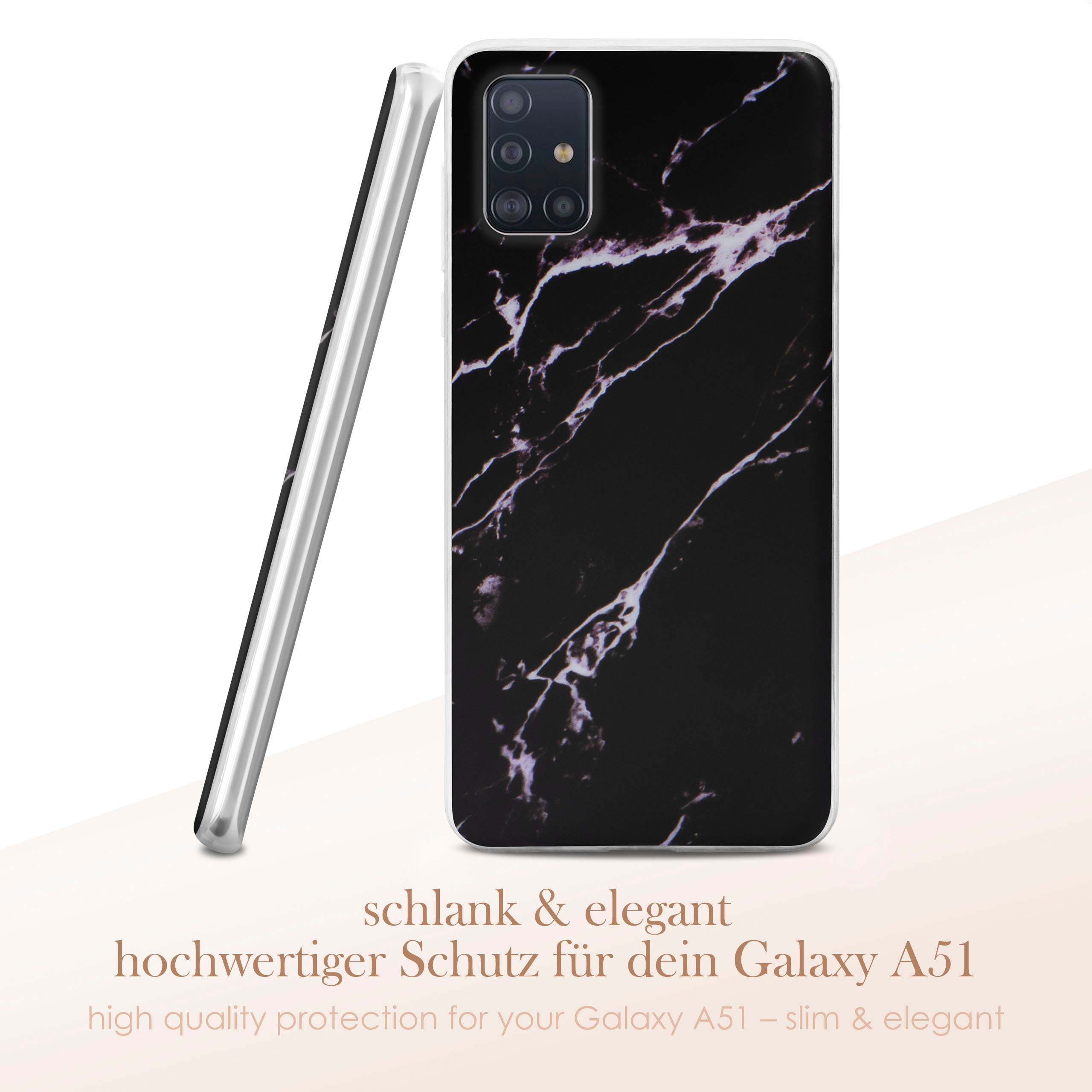 Handyhülle mit schwarz-weißem Marmordesign. Die Handyhülle lehnt an der Seite.