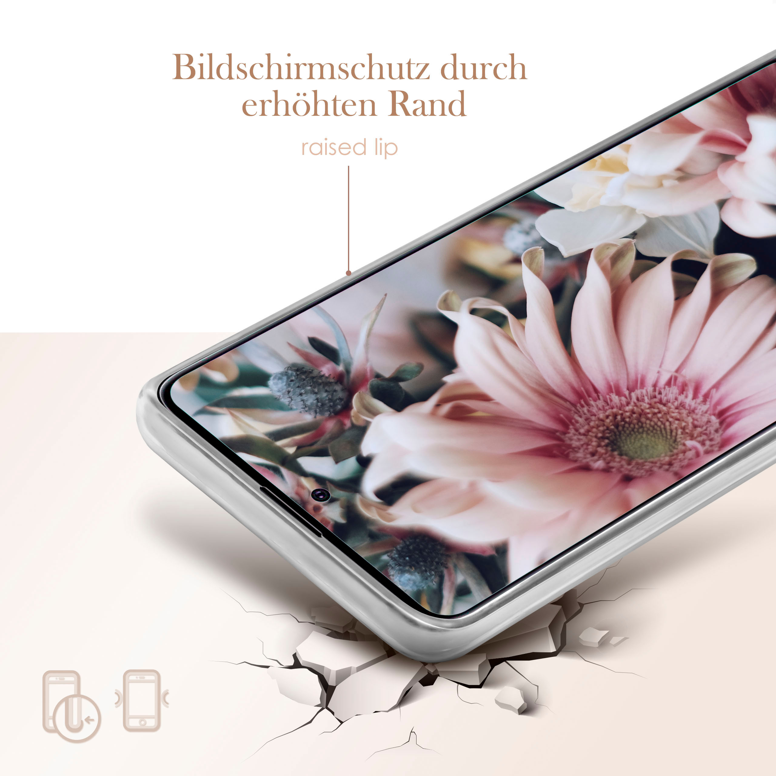 Handyhülle mit floralem Design. Text: erhöhte Lippe. Hintergrund: gerissene Oberfläche.