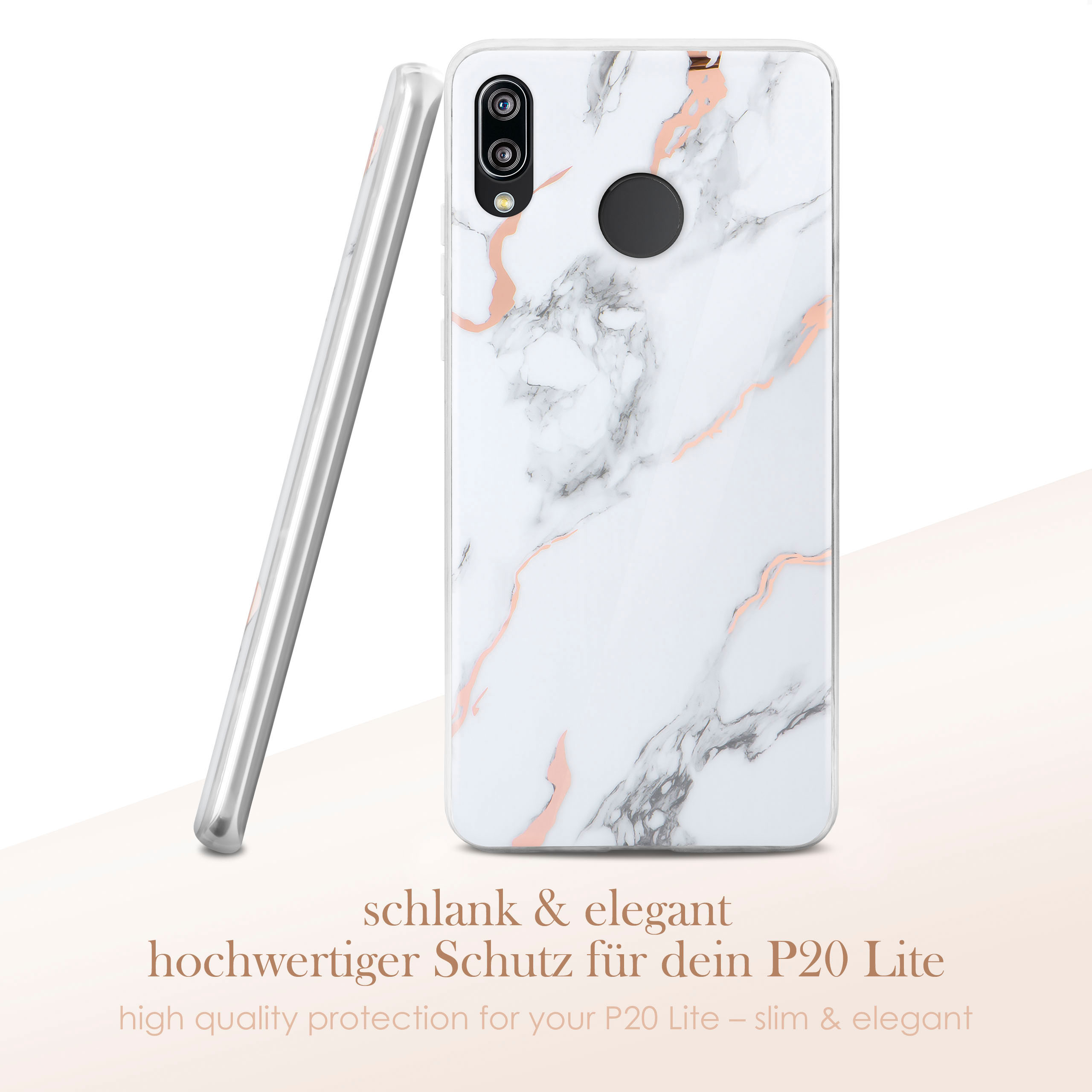 Weißes Marmor-Handycase mit rosa Adern, neben einer schlanken, transparenten Hülle.