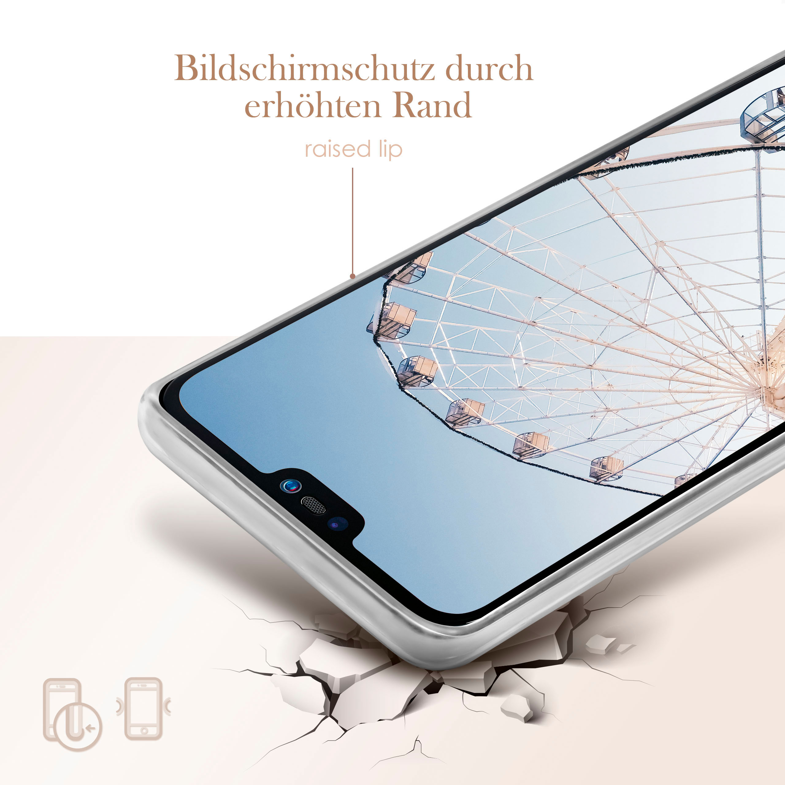 Nahaufnahme des Telefonbildschirms mit Jahrmarktsrad-Reflexion. Text: erhöhter Rand. In der Ecke zwei Telefonsymbole.