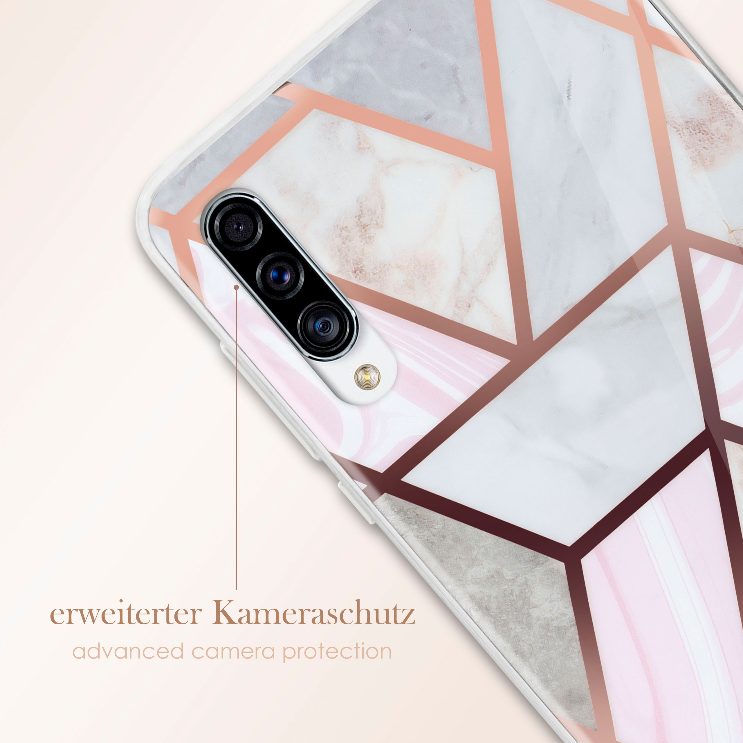 Telefon in klarer Hülle, Marmor- und Roségold-Design. Erweiterter Kameraschutz.