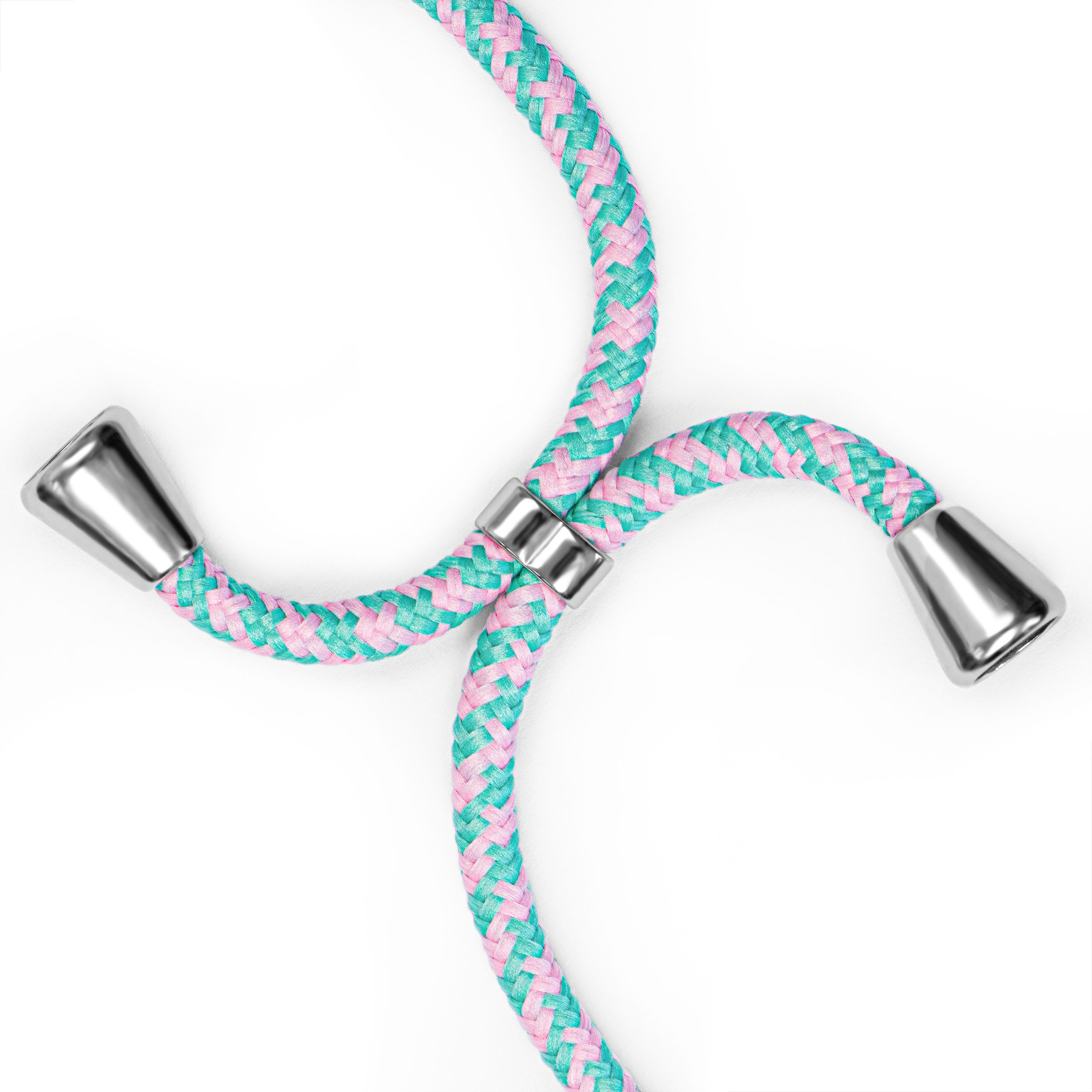 Pink- und türkis geflochtenes Telefon-Lanyard mit silbernen Akzenten. Weißer Hintergrund.