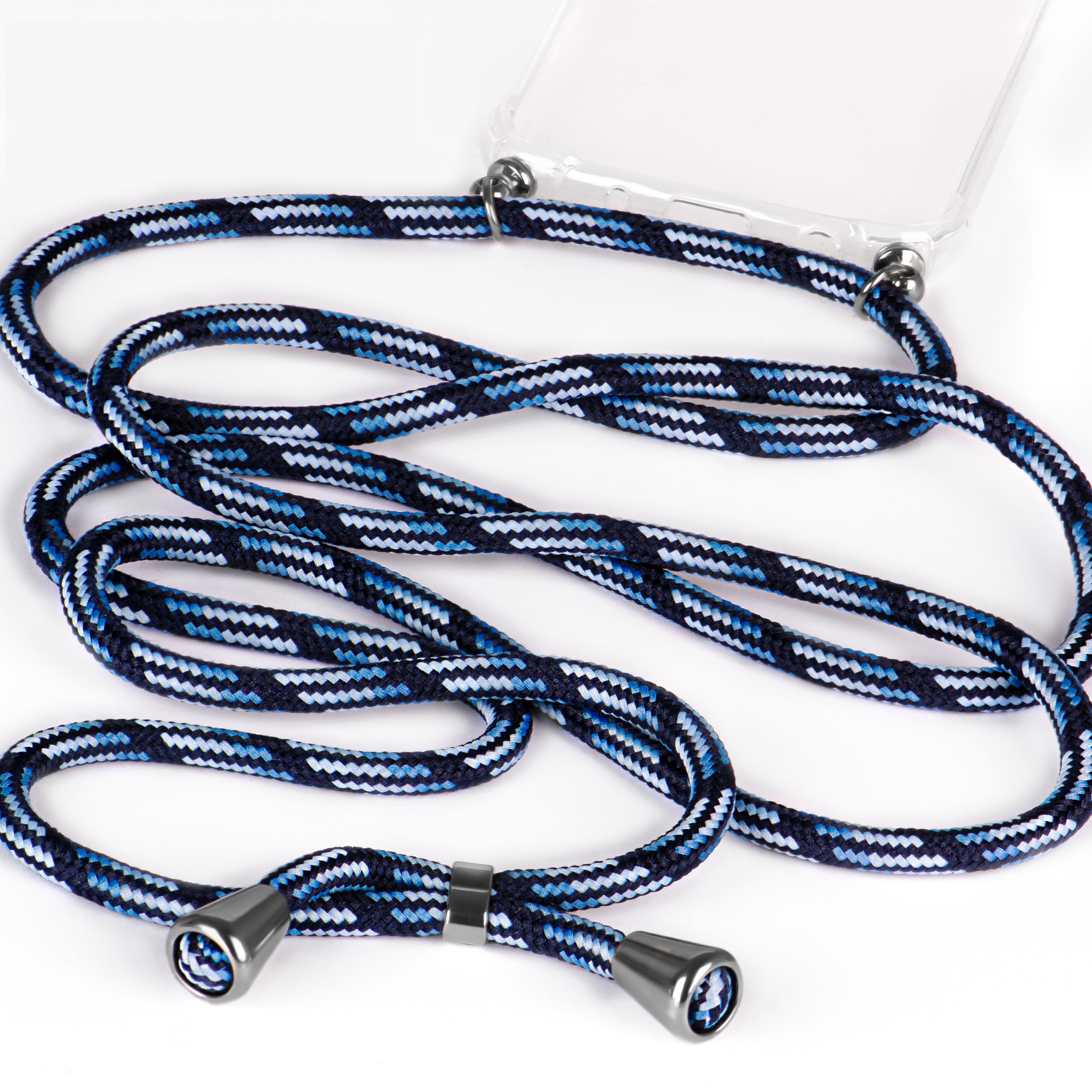 Handy-Lanyard mit blau-weißem Muster. Metalldetails. Weißer Hintergrund.