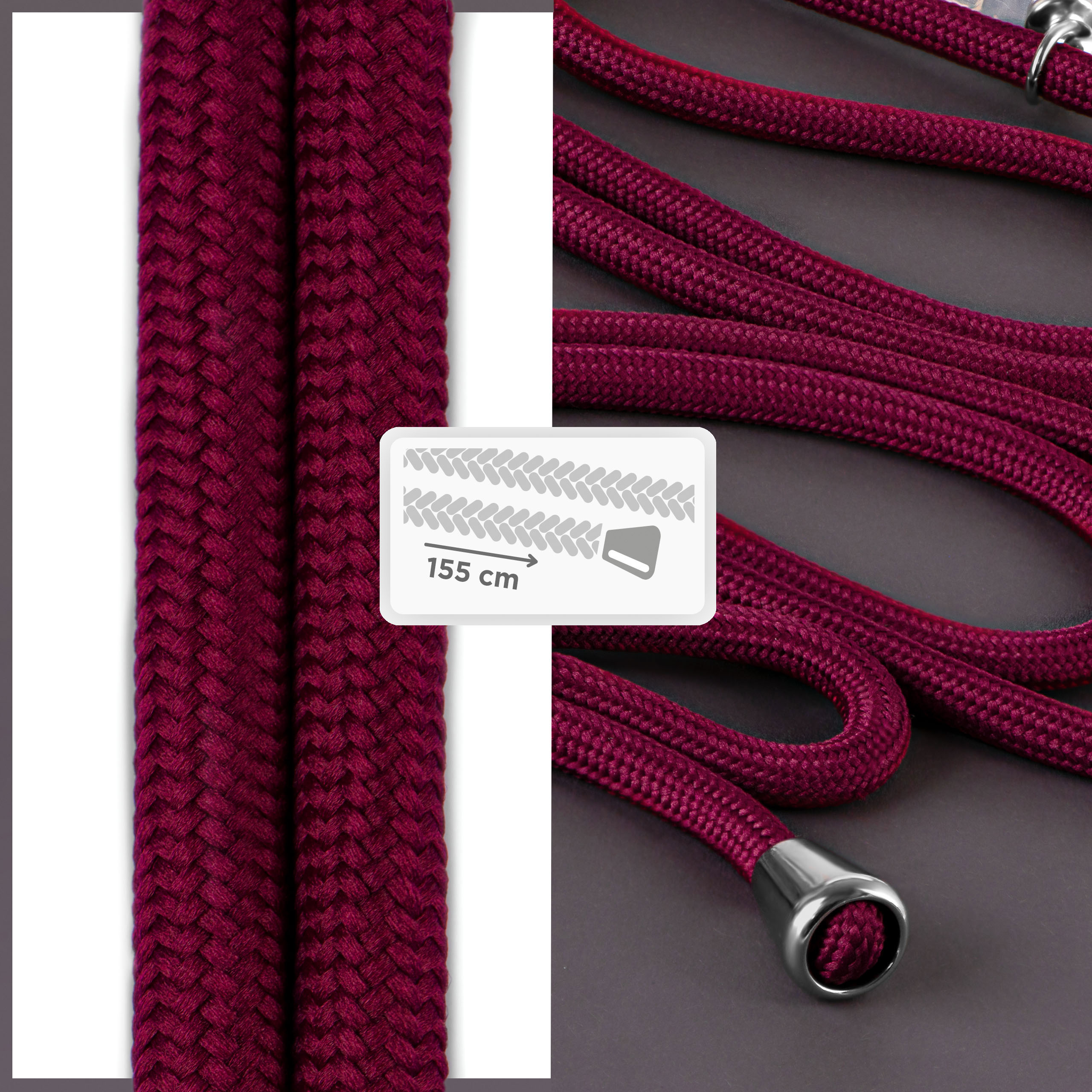 Nahaufnahme eines weinroten Telefonriemens mit geflochtenem Muster und silbernen Metalldetails.