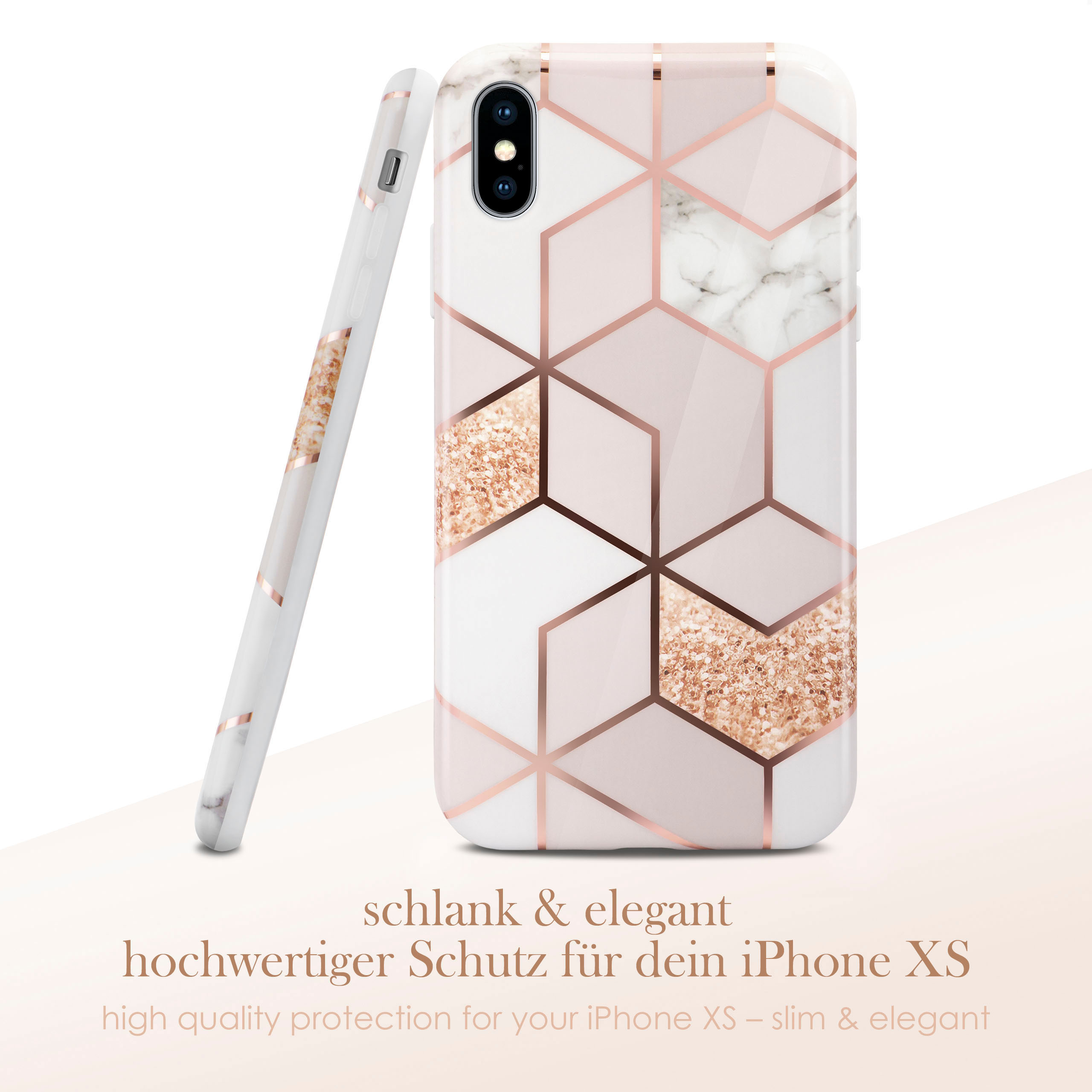 iPhone XS Hülle mit geometrischem Design in Gold, Weiß und Pink, mit Marmordesign.