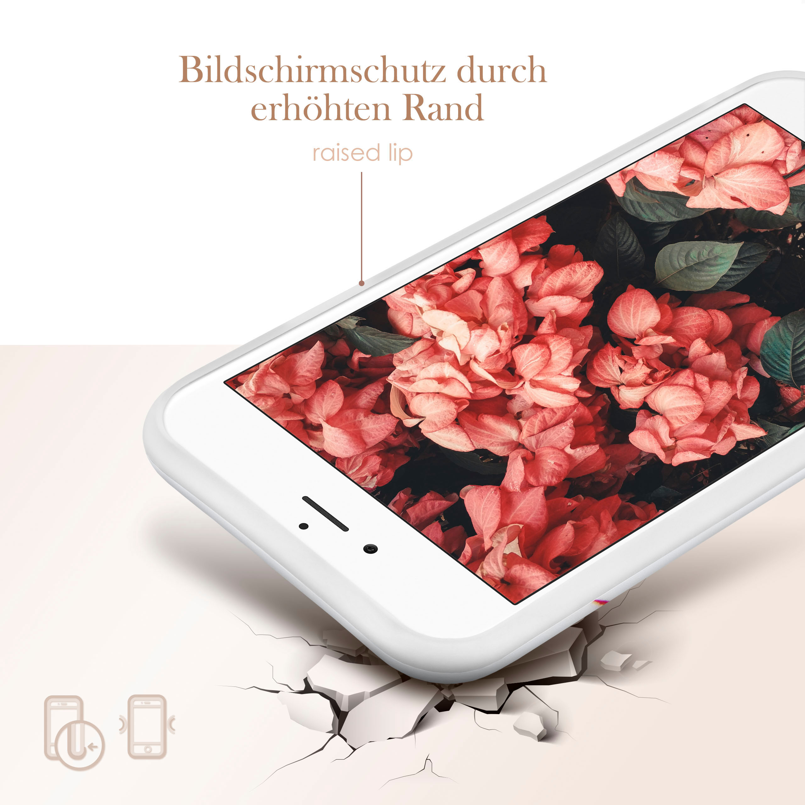 Telefon mit erhöhtem Rand für Bildschirmschutz, rissiger Untergrund und ein Blumenbild.