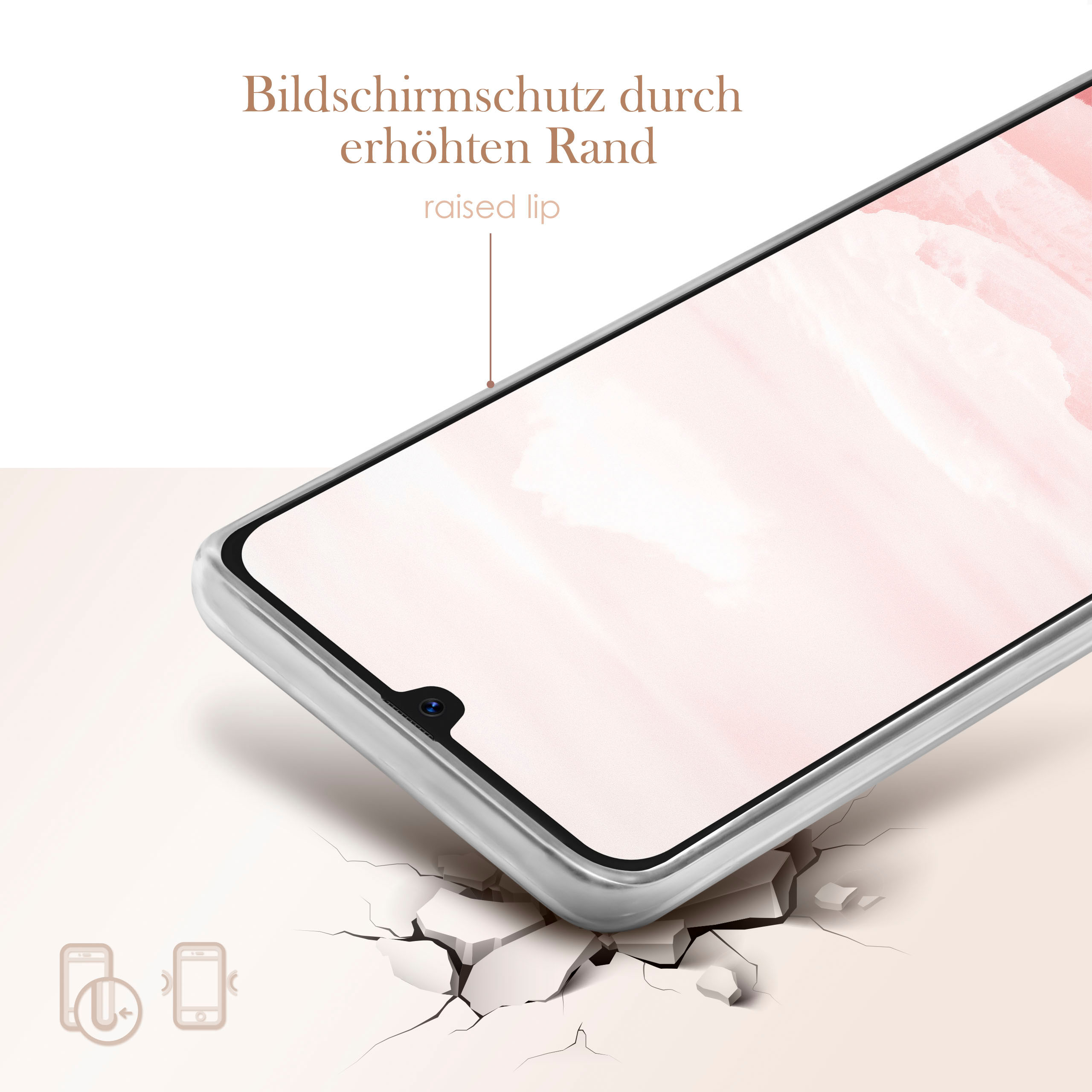 Handyhülle mit rosa abstraktem Bild, rissiger Boden. Text sagt 'erhöhter Rand' und 'Bildschirm Schutz'.