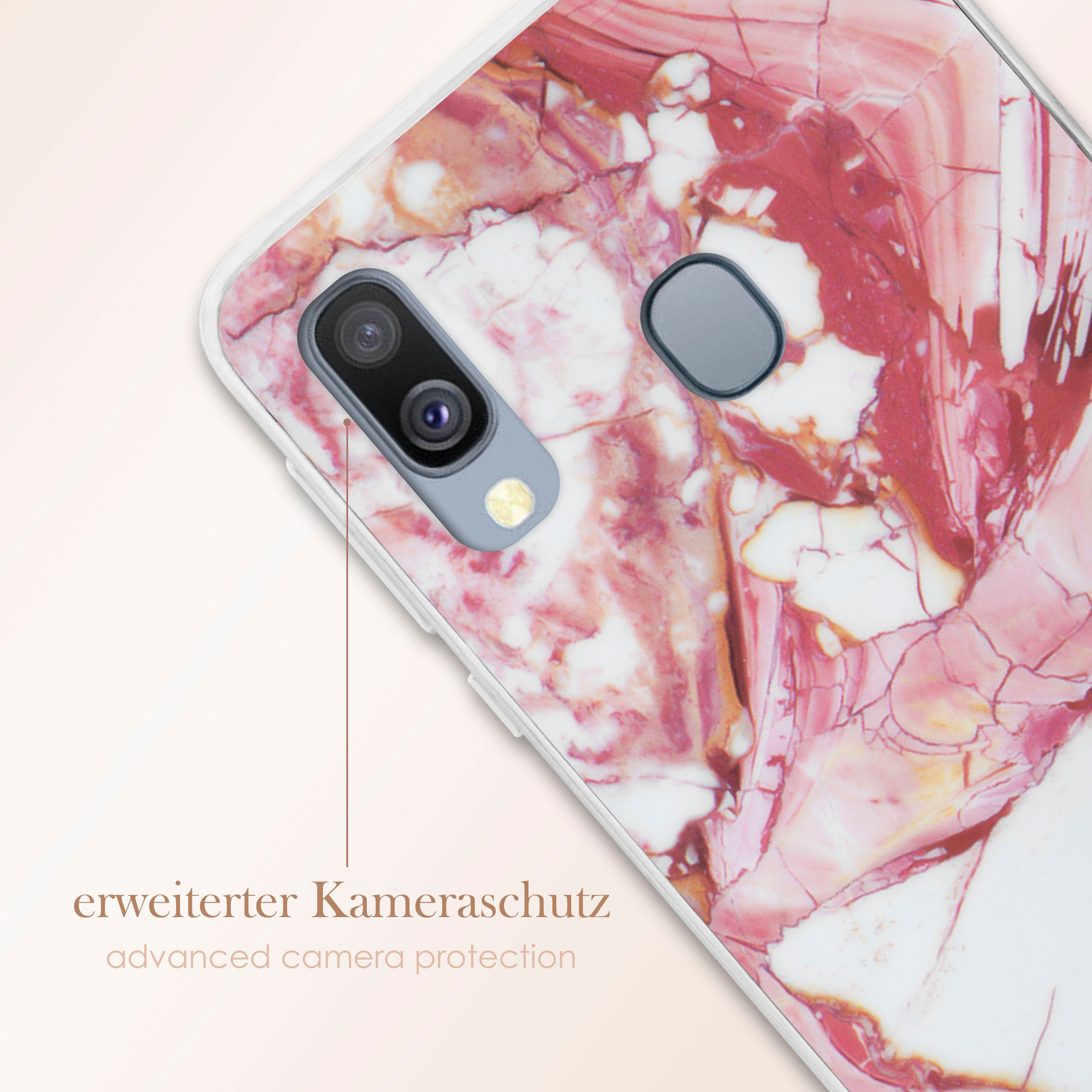 Nahaufnahme einer Handyhülle mit Marmordesign. Die Hülle ist weiß mit rosa und roter Marmorierung.