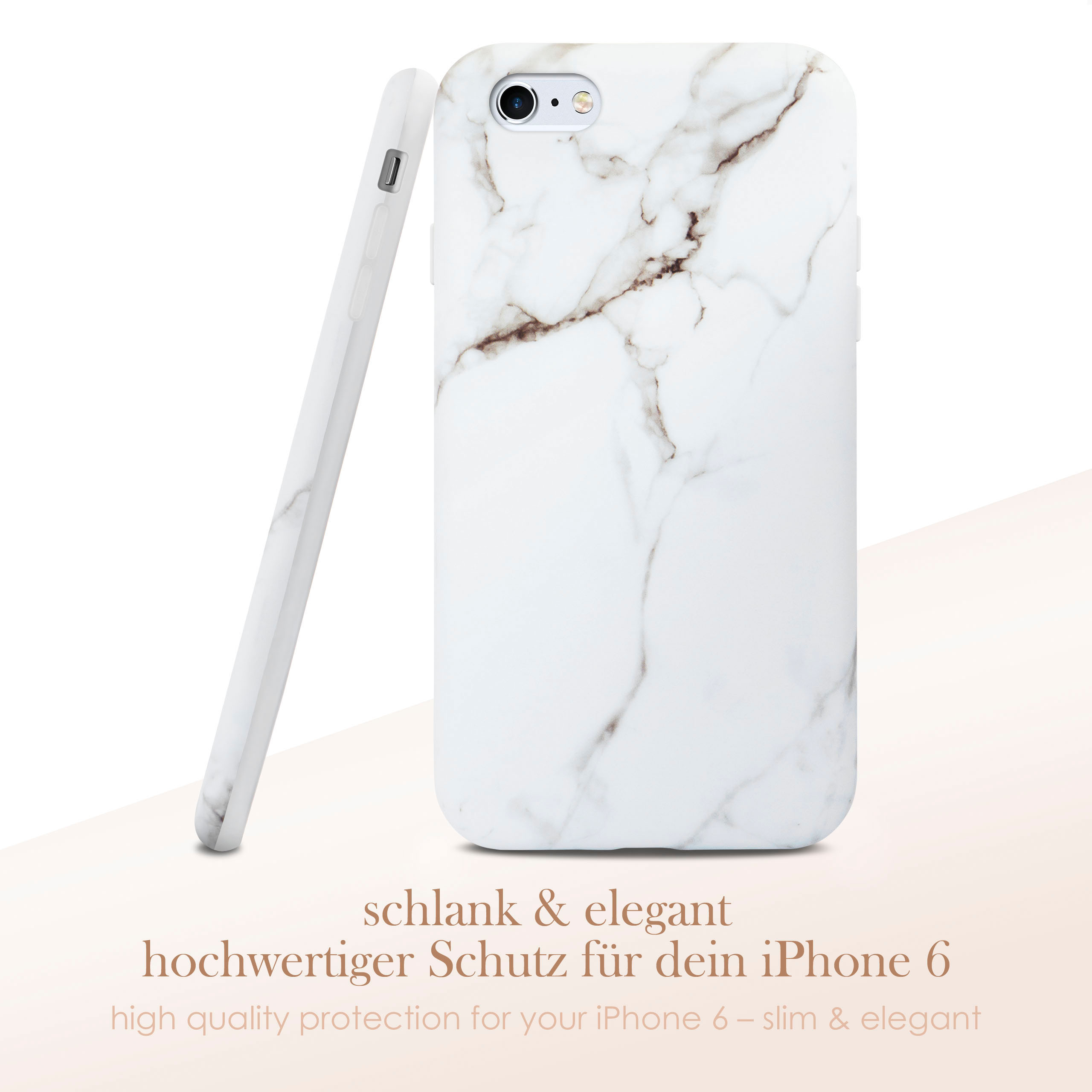 Eine weiße Marmor-Handyhülle auf weißem Hintergrund. Die Hülle lehnt an einer anderen Hülle.