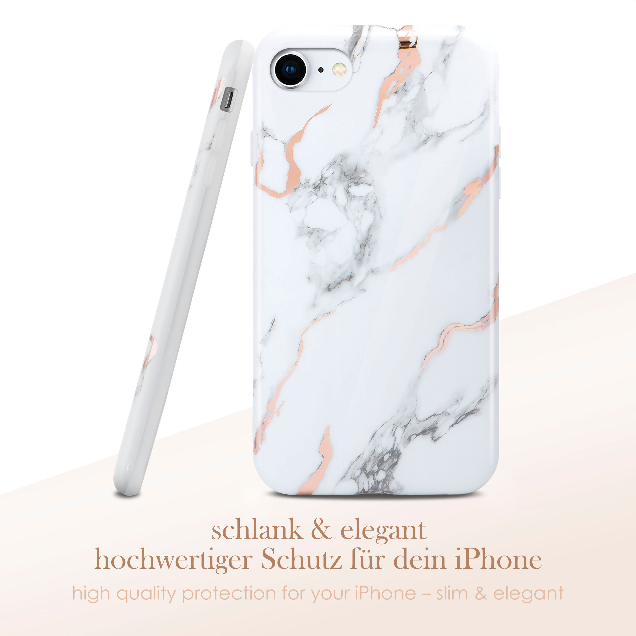 Weiße Handyhülle mit Marmordesign. Sie steht neben einer zweiten Handyhülle.