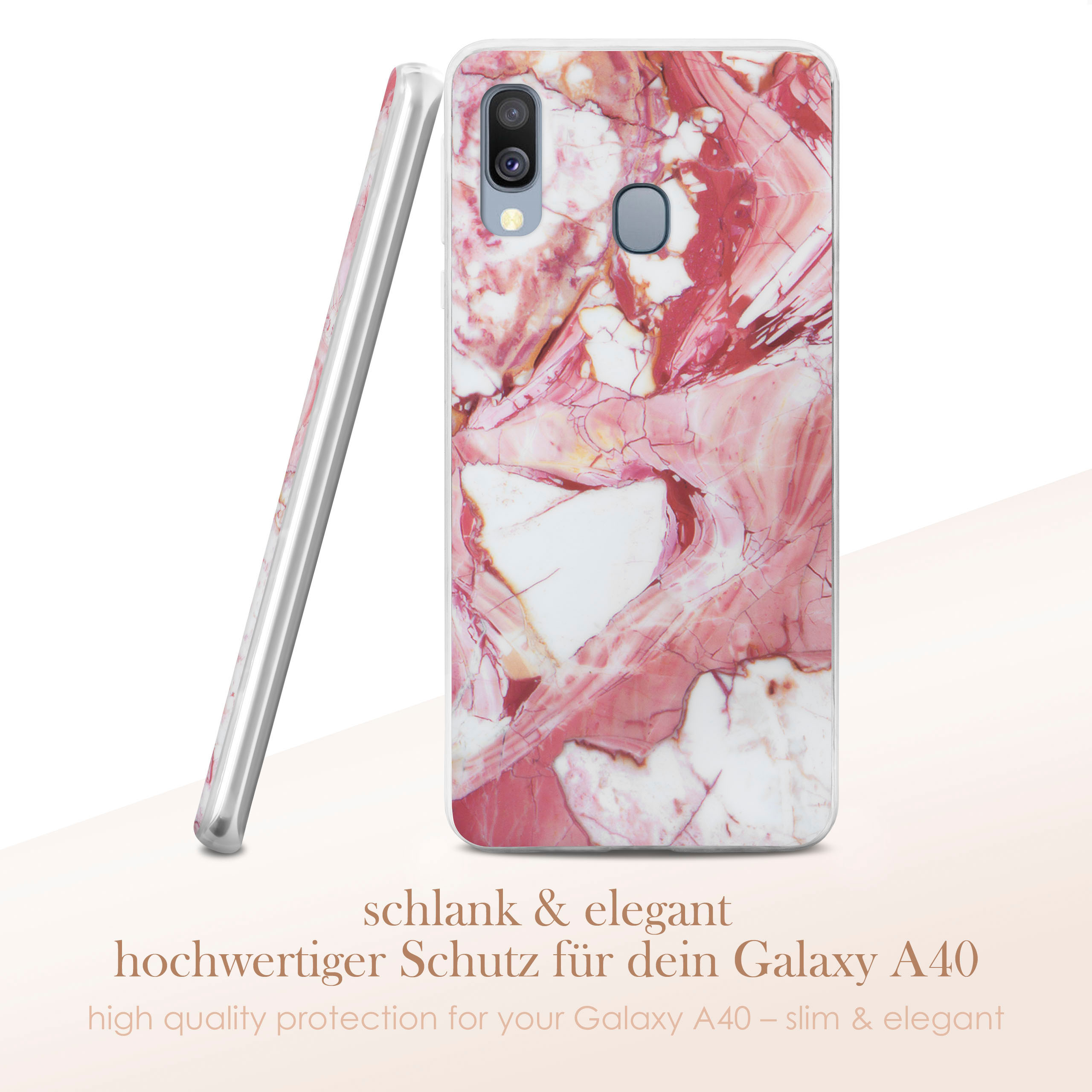 Handyhülle mit rot-weißem Marmordesign.