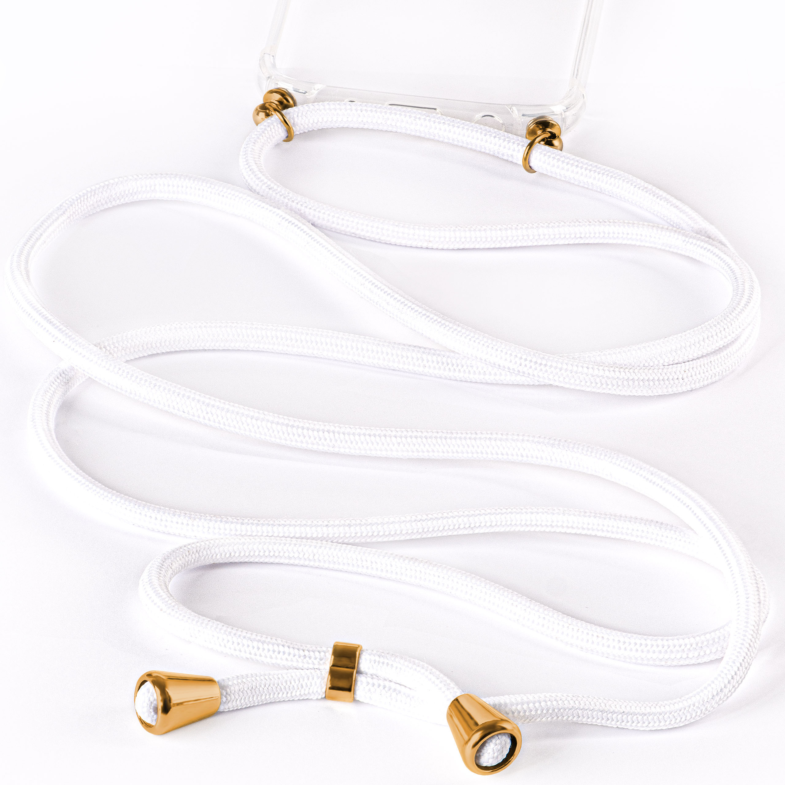 Ein weißes Telefon-Umhängeband mit goldenen Akzenten, das das Kabel und die Befestigungsdetails zeigt.