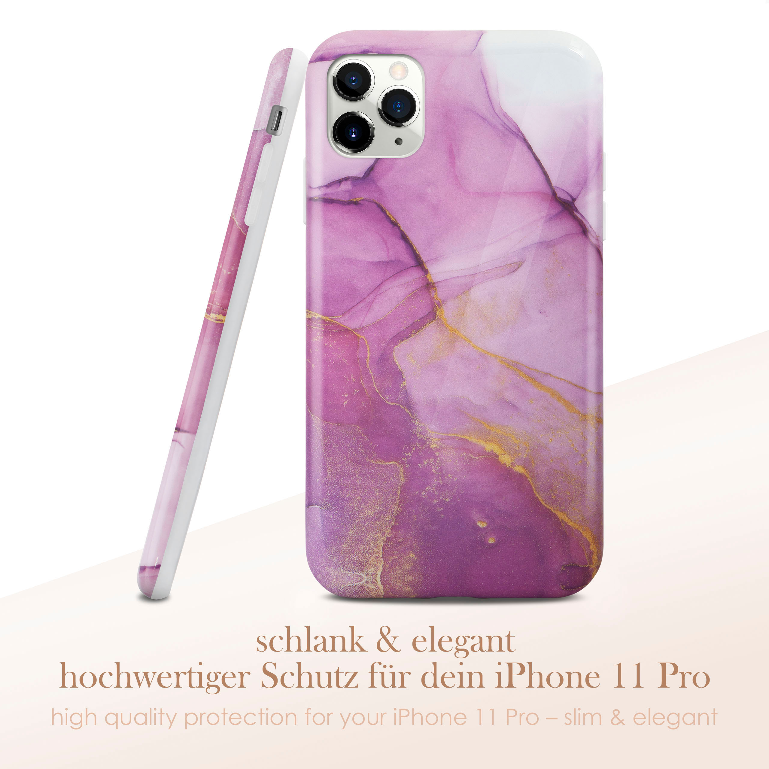 Handyhülle mit rosa Marmordesign und ein iPhone 11 Pro daneben.