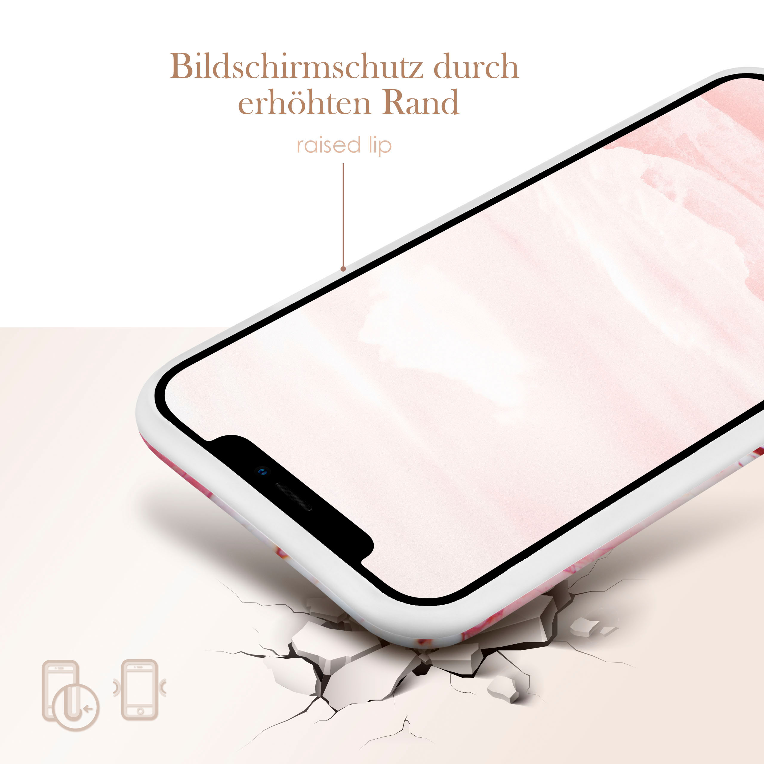 Ein Telefon in einer Hülle mit erhöhter Lippe. Text: Bildschirmschutz durch erhöhten Rand. Das Telefon bricht eine Oberfläche.