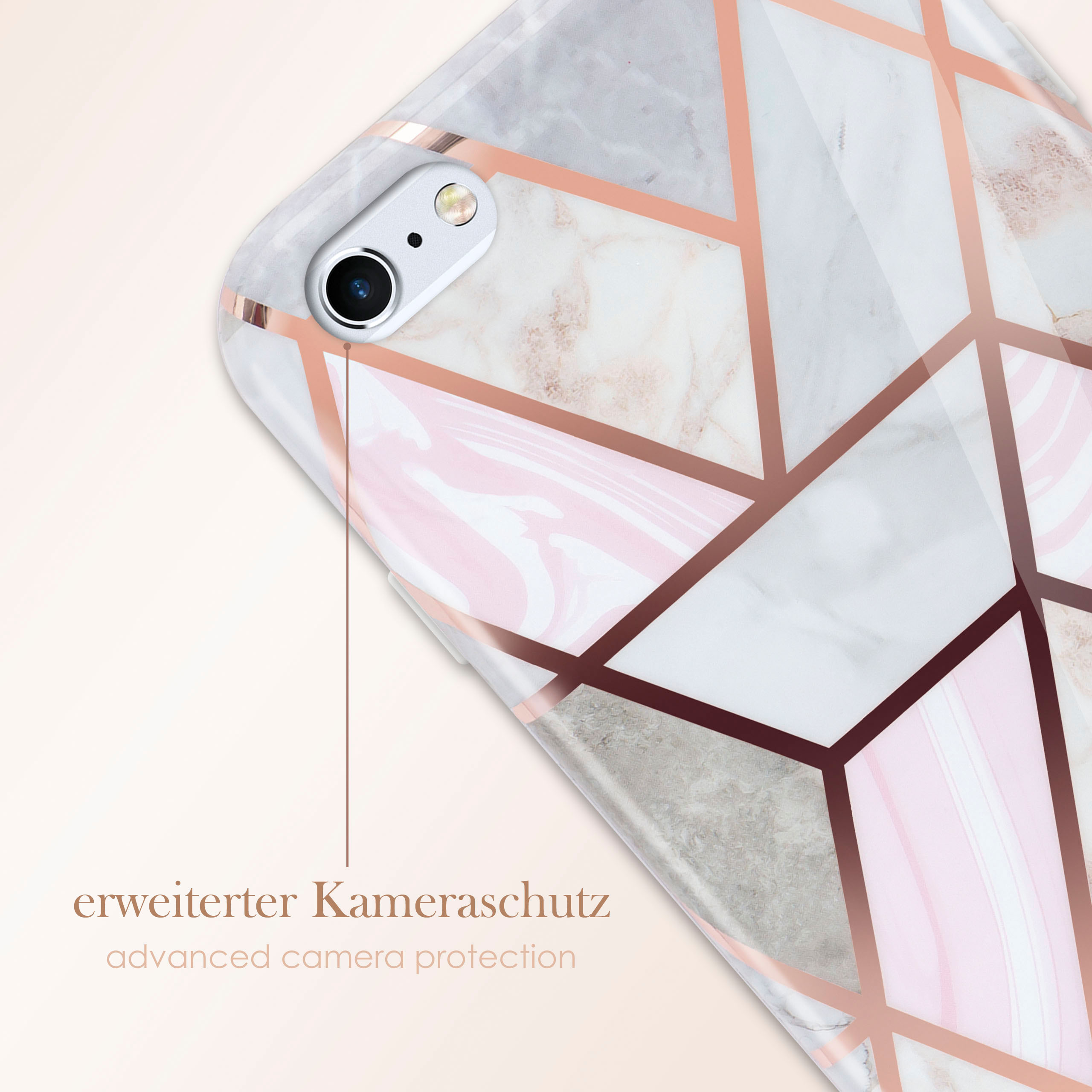 Nahaufnahme einer Handyhülle mit Marmor- und geometrischem Design, mit erweitertem Kameraschutz.