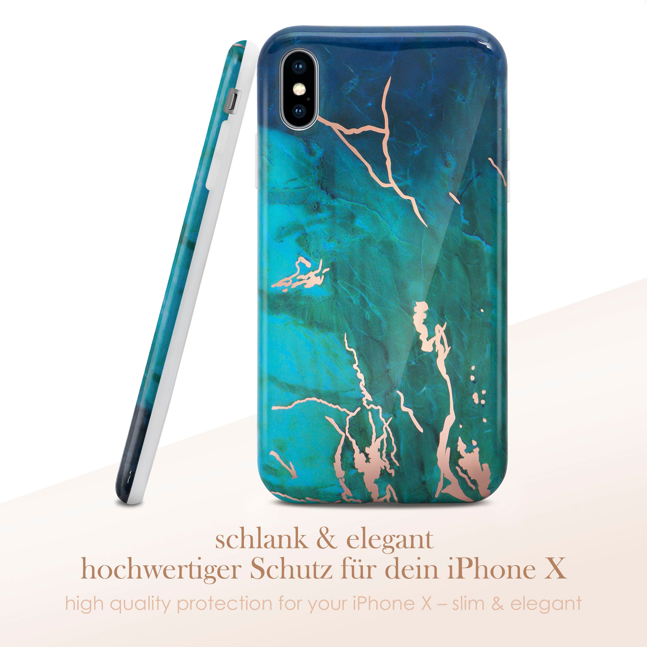Handyhülle mit blauem und goldenem Marmormuster. Lehnt am Telefon. Text unten.
