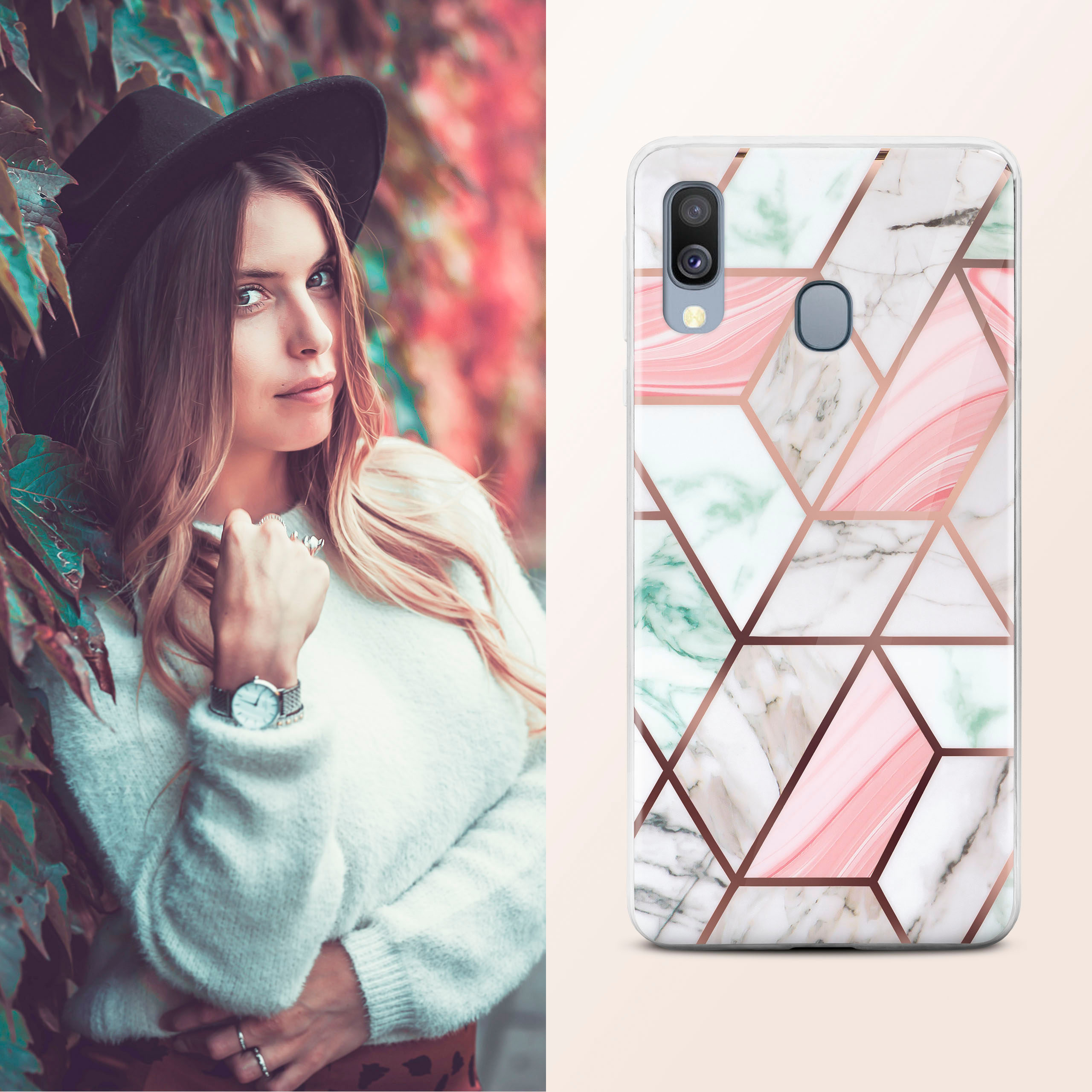Eine Frau neben einer Handyhülle mit Marmordesign in Rosa, Weiß und Grün.