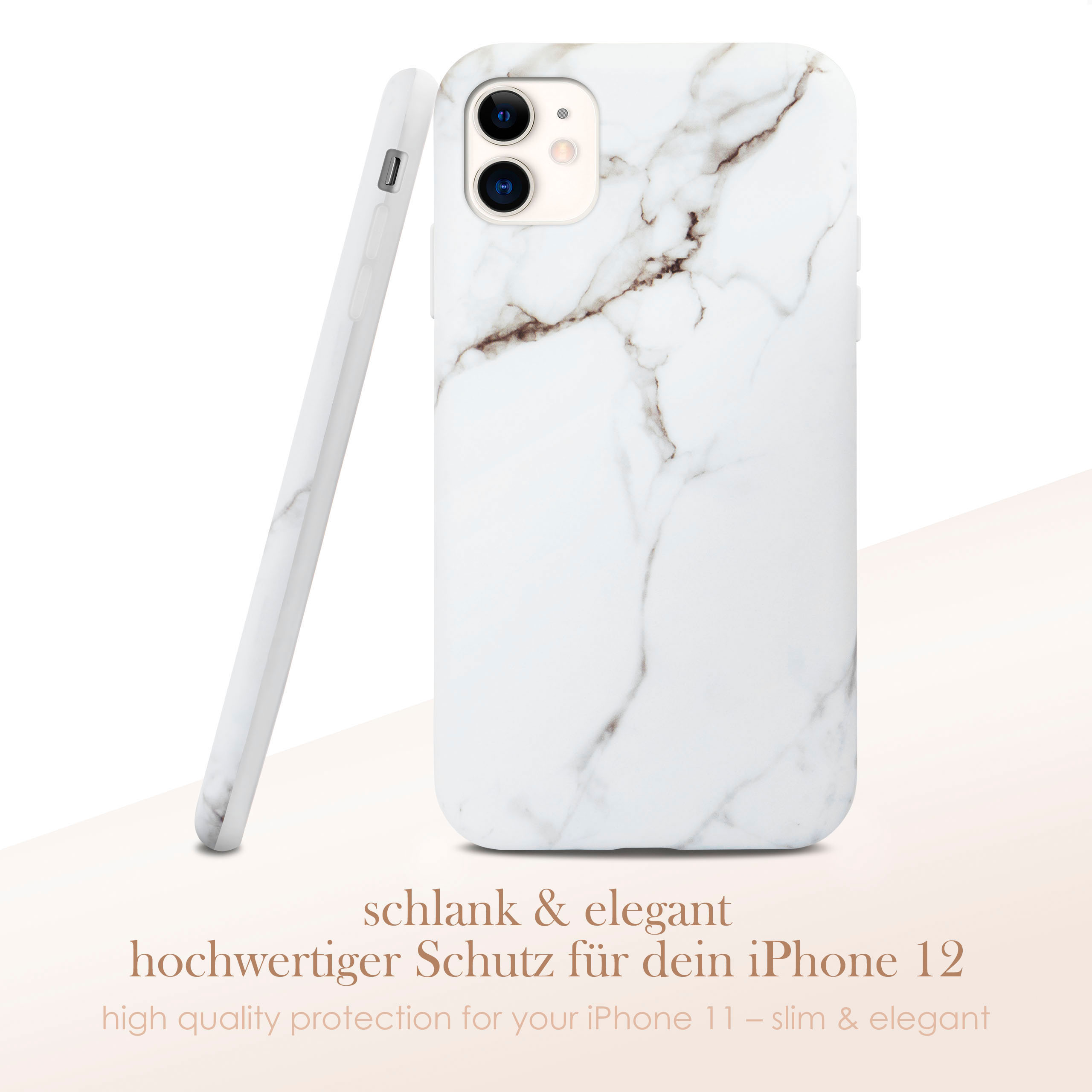 Eine weiße Marmor-Handyhülle mit weißem Hintergrund. Die Handyhülle steht auf einer weißen Oberfläche.