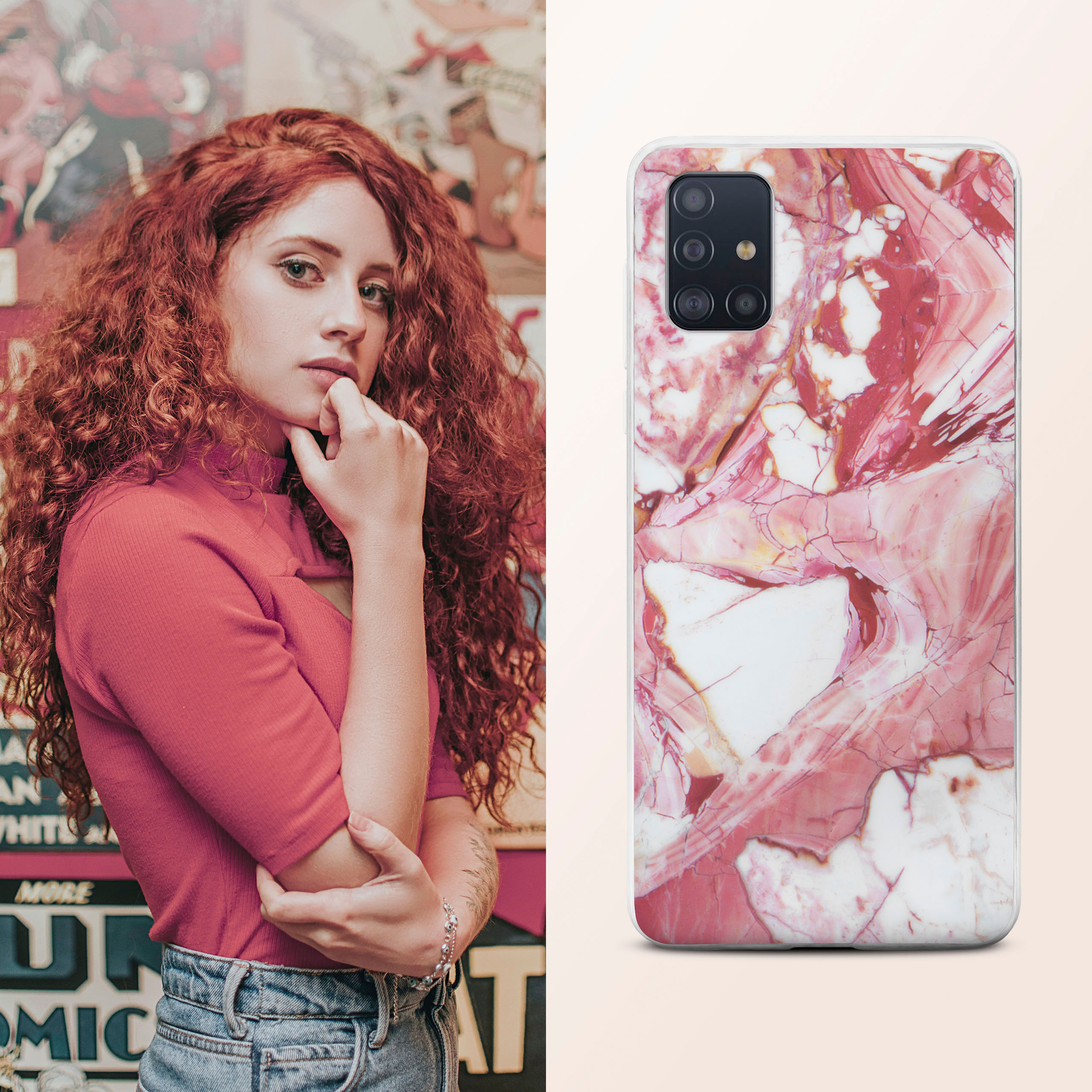 Frau mit roten Locken, rotes Hemd, hält Telefon mit Marmorhülle.