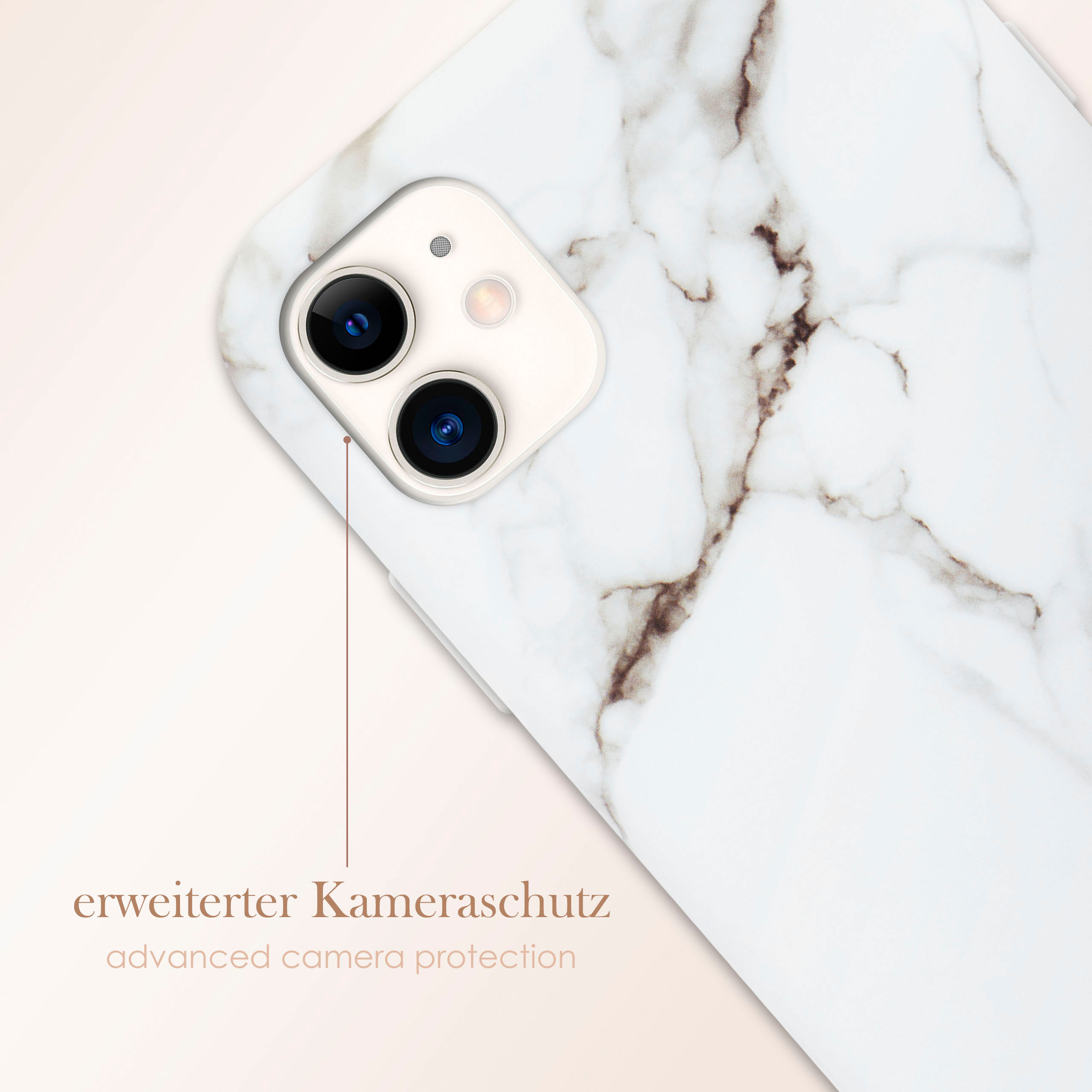 Handyhülle mit weißem Marmordesign und zwei Kameralinsen. Text: erweiterter Kameraschutz.