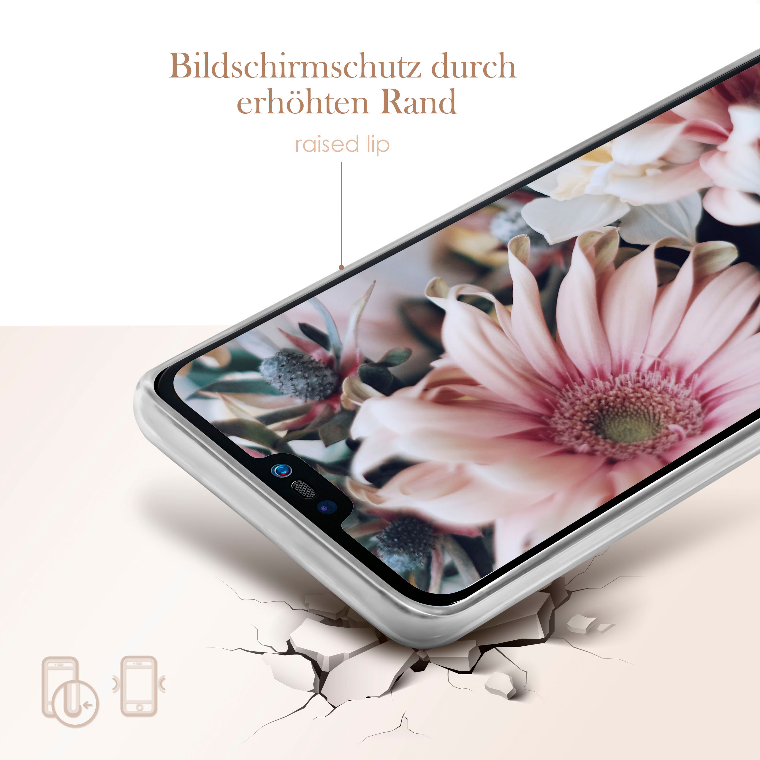 Telefon mit Hülle auf einer Oberfläche. Die Hülle zeigt ein Blumenbild. Text: Erhöhte Lippe für Displayschutz.