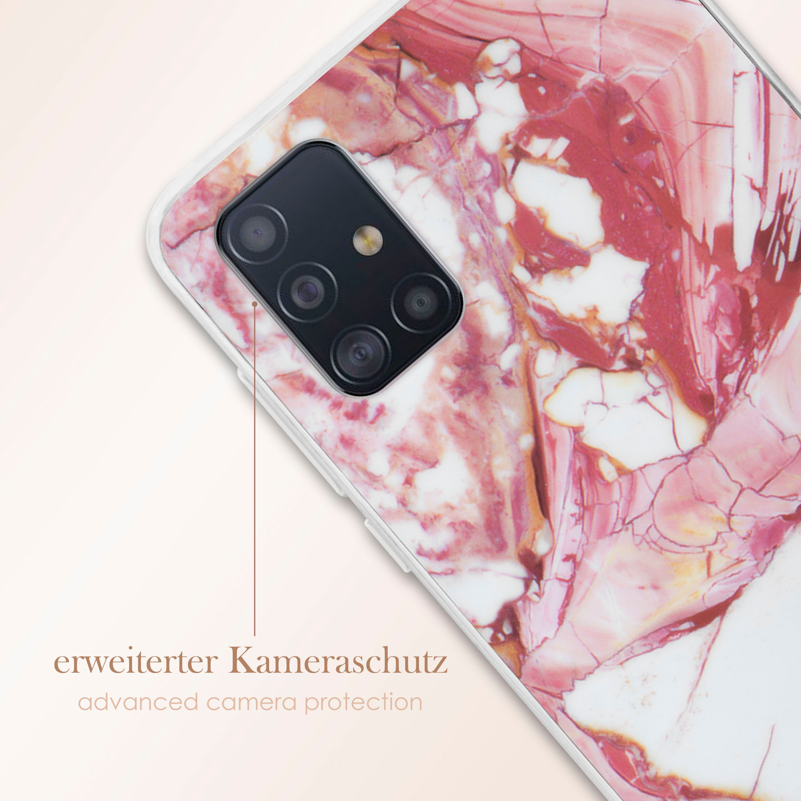 Handyhülle mit Marmormuster und roten Akzenten, mit Kameraschutz.