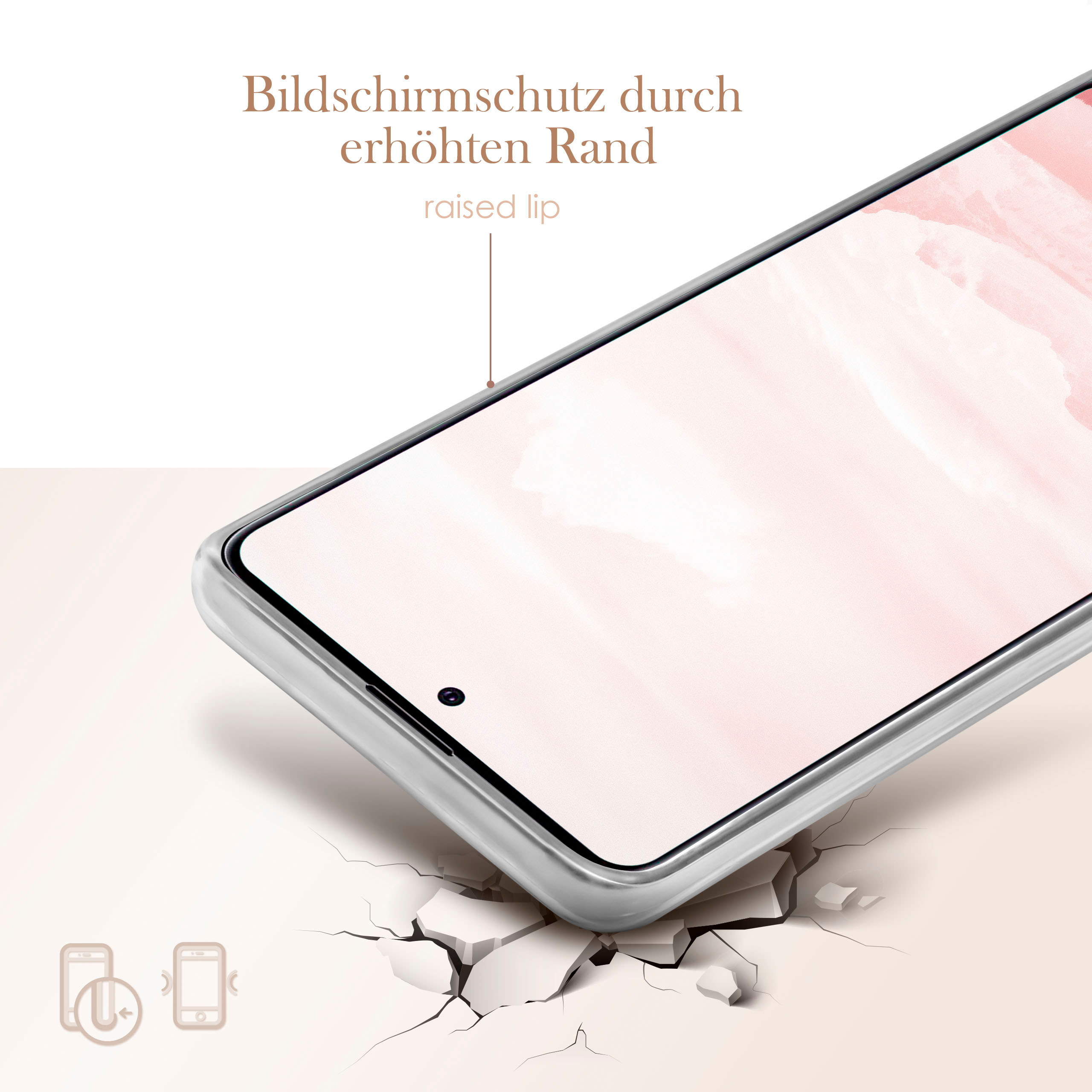 Ein Telefon mit Hülle und erhöhtem Rand. Der Hintergrund ist eine zerbrochene Oberfläche.