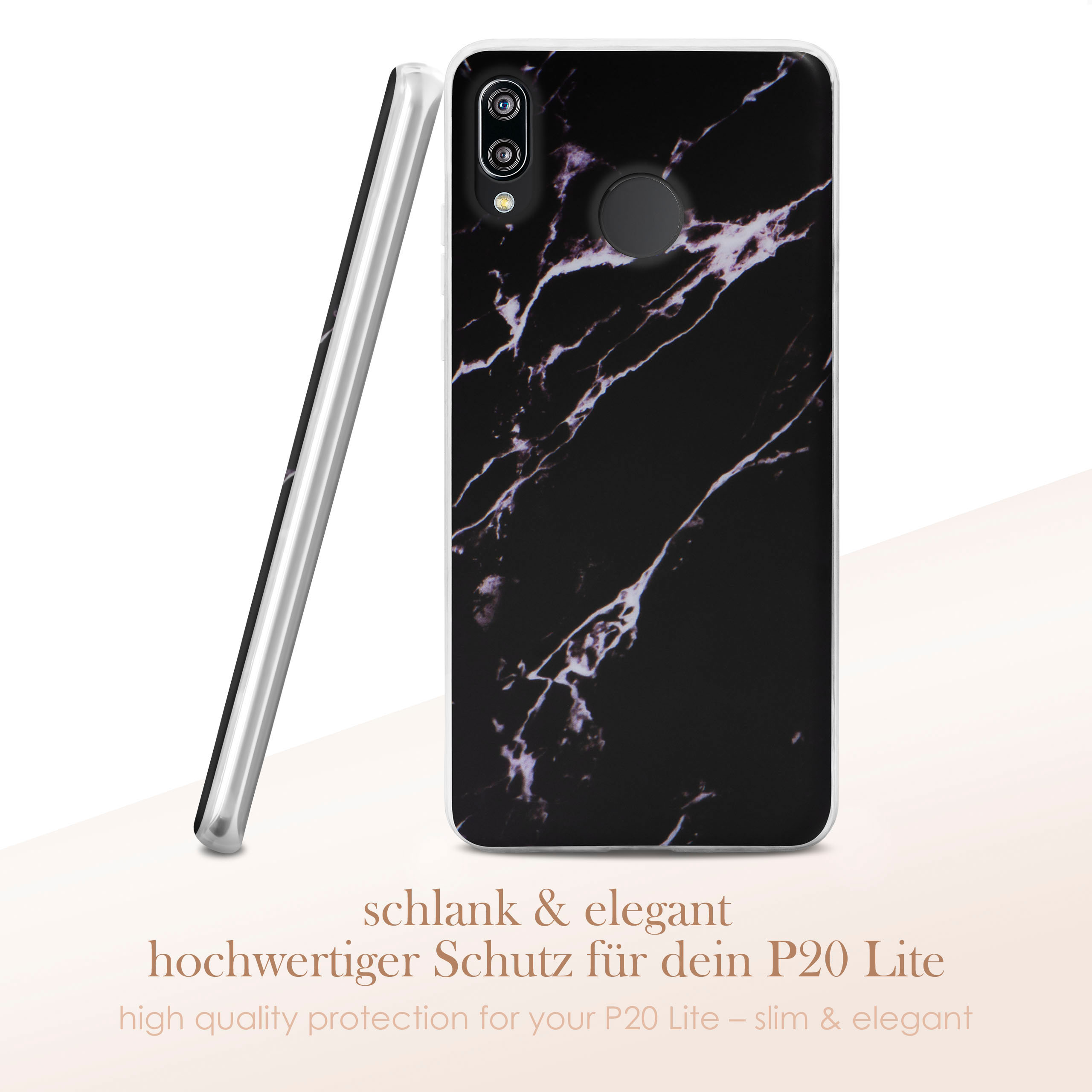Schwarze Marmor-Handyhülle. Weißer Text unten. Eine weitere Hülle liegt seitlich. Winkelansicht.