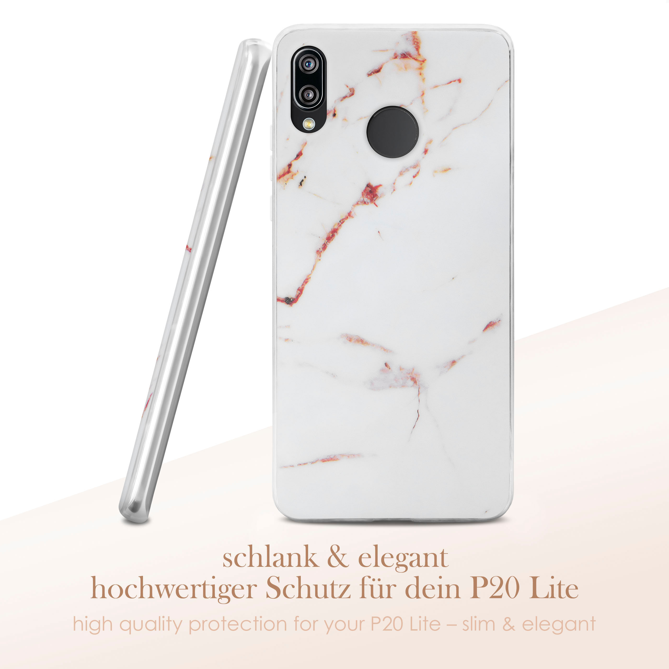 Eine weiße Handyhülle mit Marmordesign. Der Text lautet "schlank & elegant" und "hochwertiger Schutz".