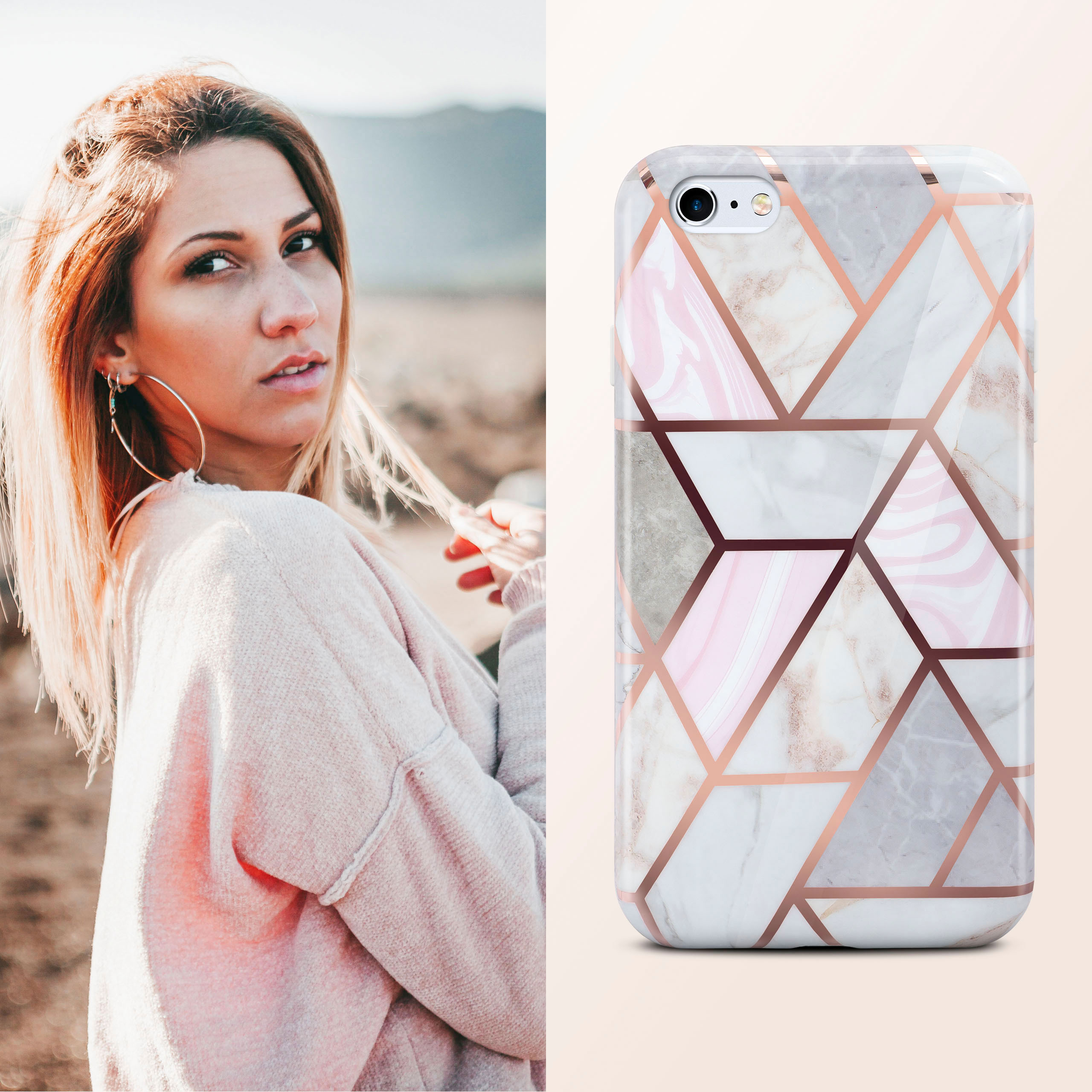Frau mit roten Haaren und Handyhülle mit geometrischem Marmor-Design.
