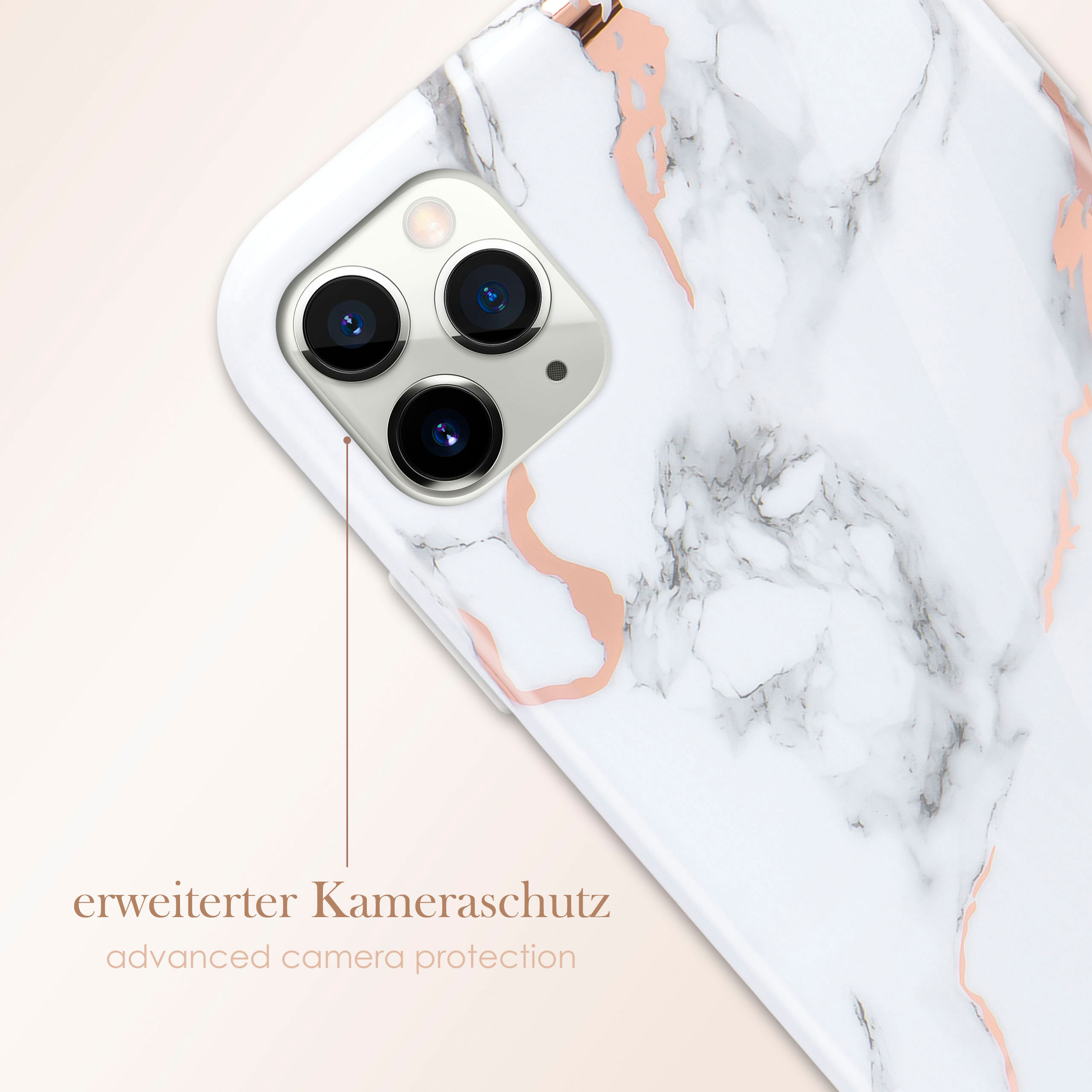 Weißes Handycase mit Marmormuster und roségoldenen Akzenten, das die Handykamera bedeckt.