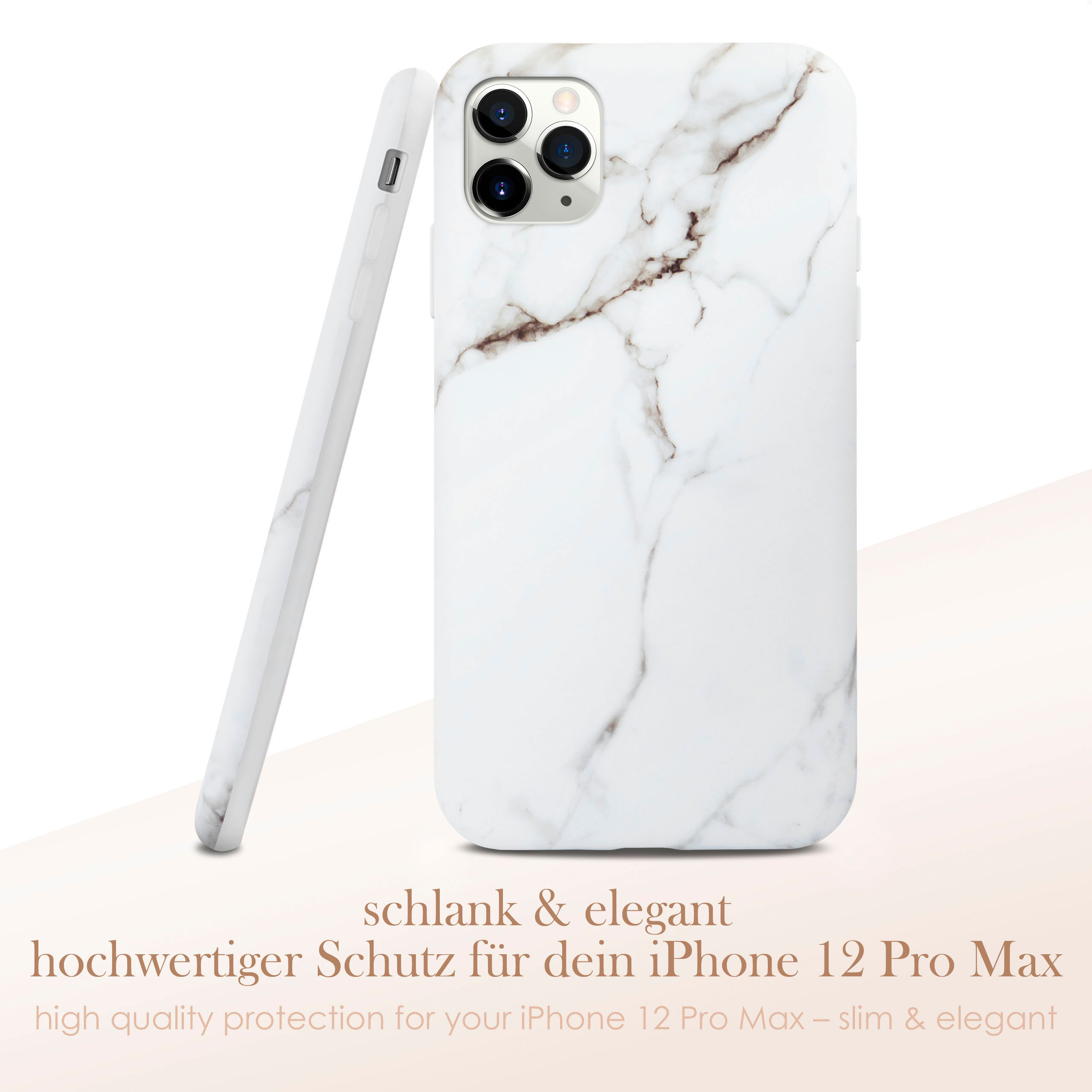 Weiße Handyhülle mit Marmorstruktur, Text unten, weißer Hintergrund.