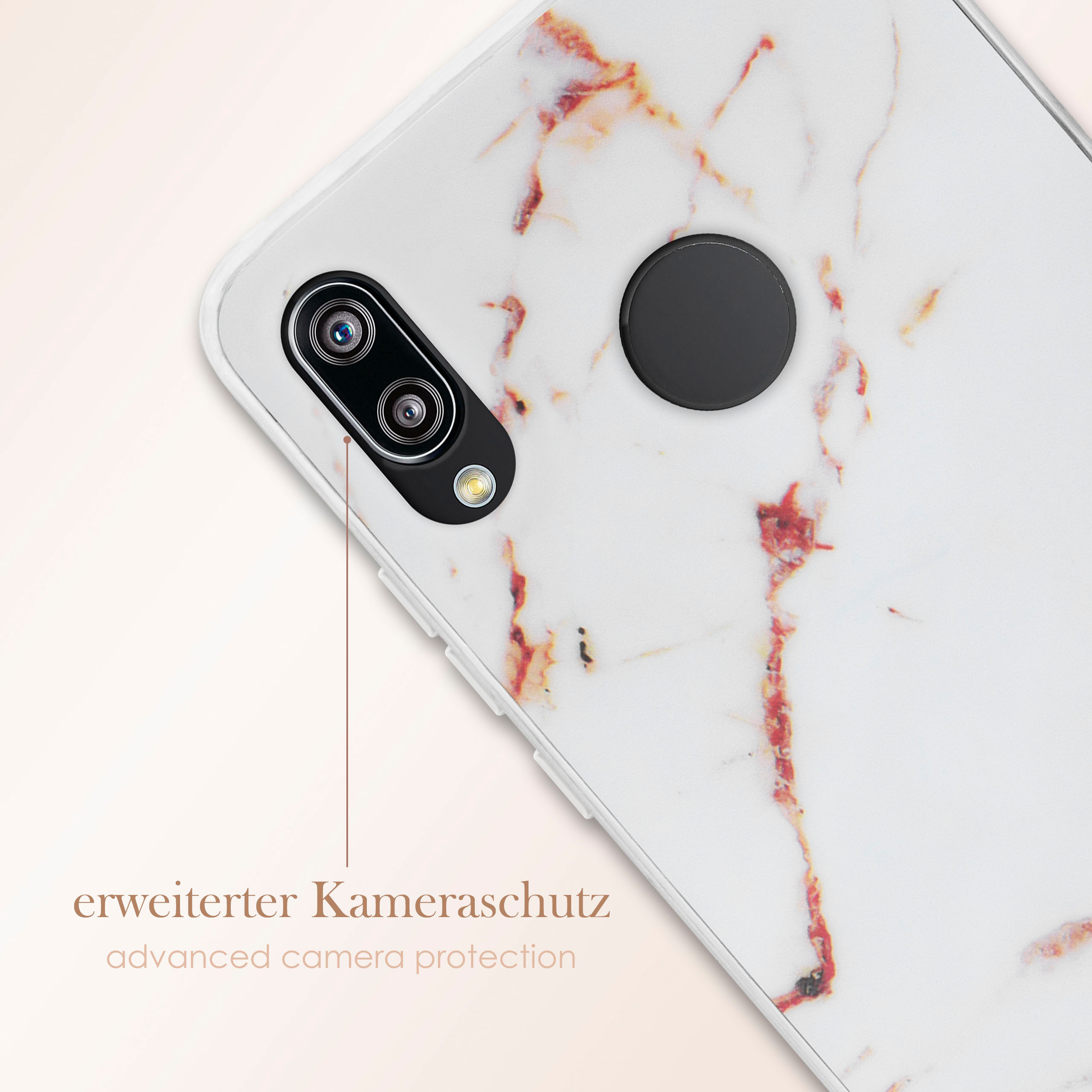 Weiße Handyhülle. Weißes Marmordesign. Kameralinse. Text: erweiterter Kameraschutz.