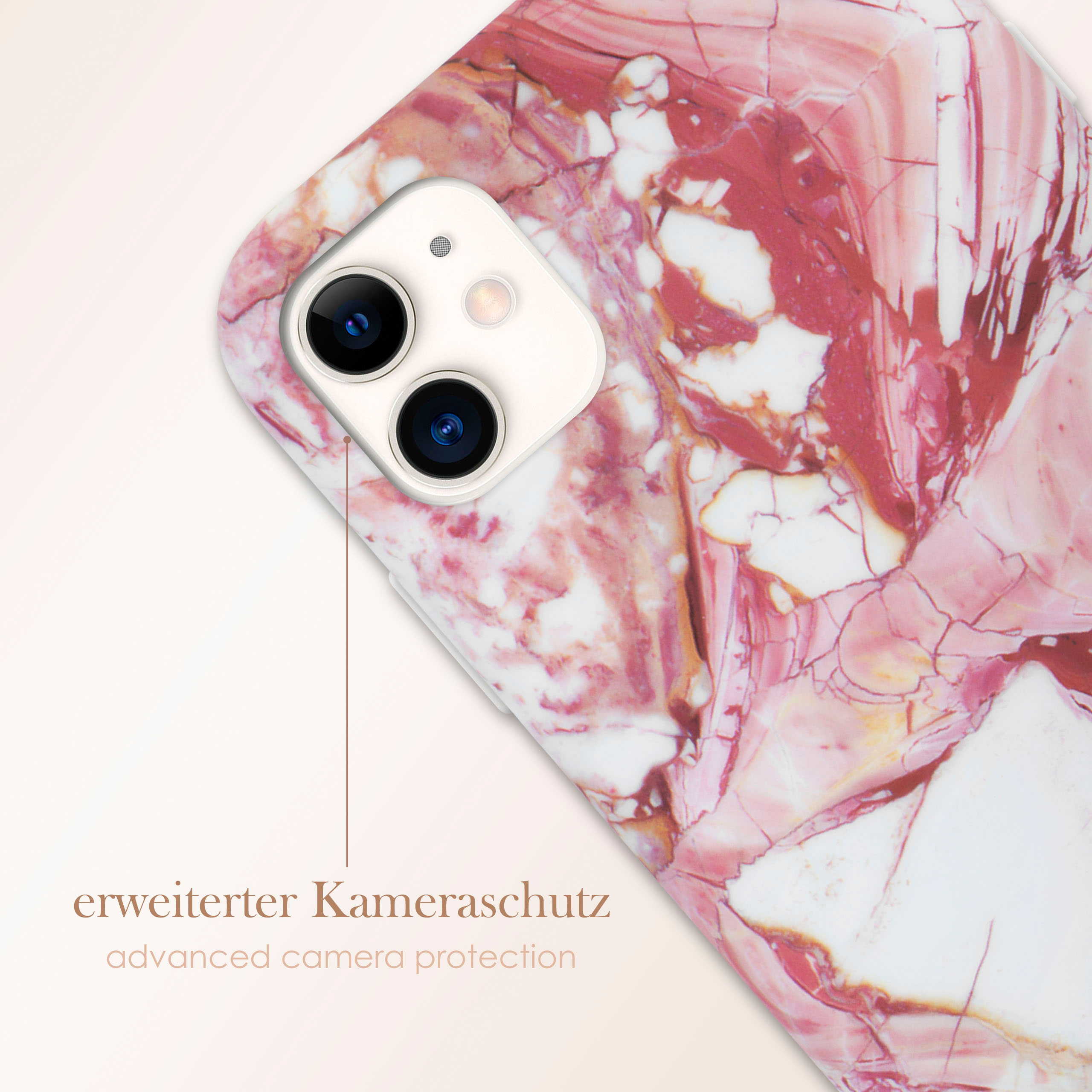 Handyhülle mit rosa Marmordesign und erweitertem Kameraschutz. Die Handyhülle ist weiß.