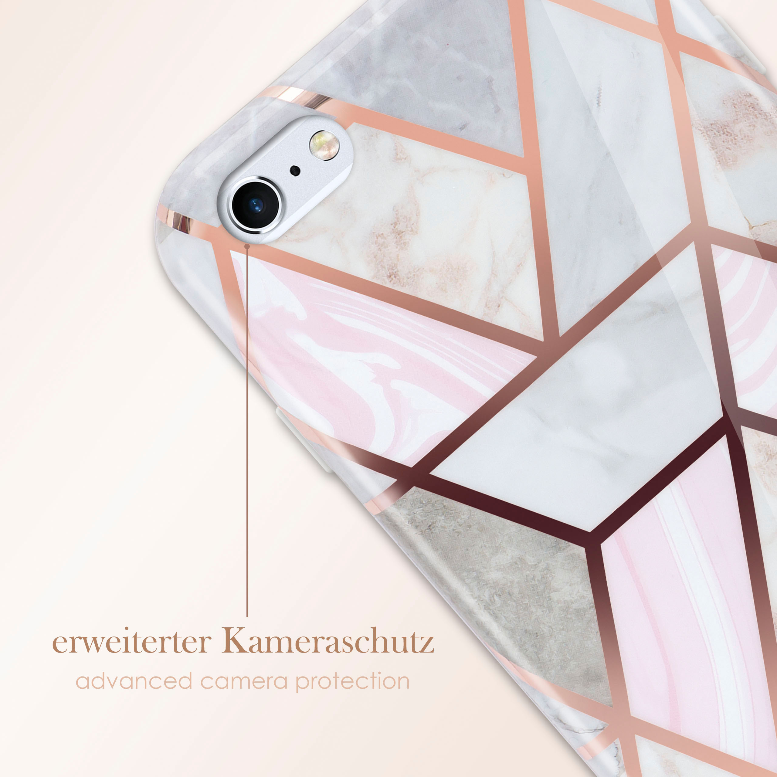 Handyhülle auf Marmor, geometrisches Design, Kamera. Text: 'erweiterter Kameraschutz' (erweiterter Kameraschutz).