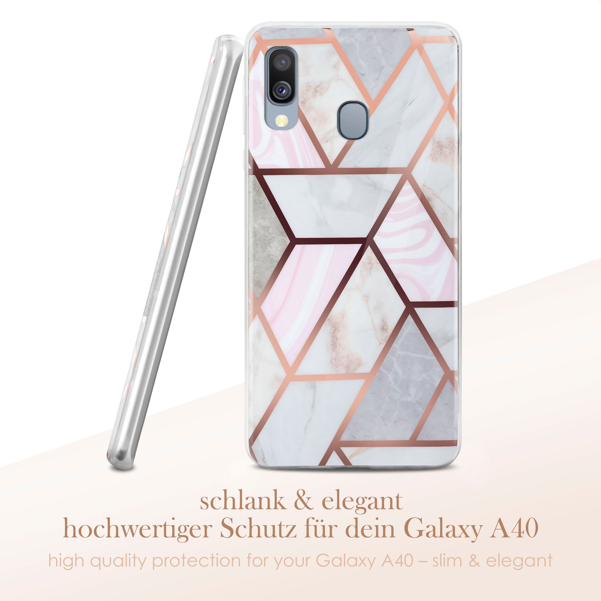 Handyhülle mit geometrischem Muster. Text: schlank & elegant, hochwertiger Schutz für Galaxy A40.