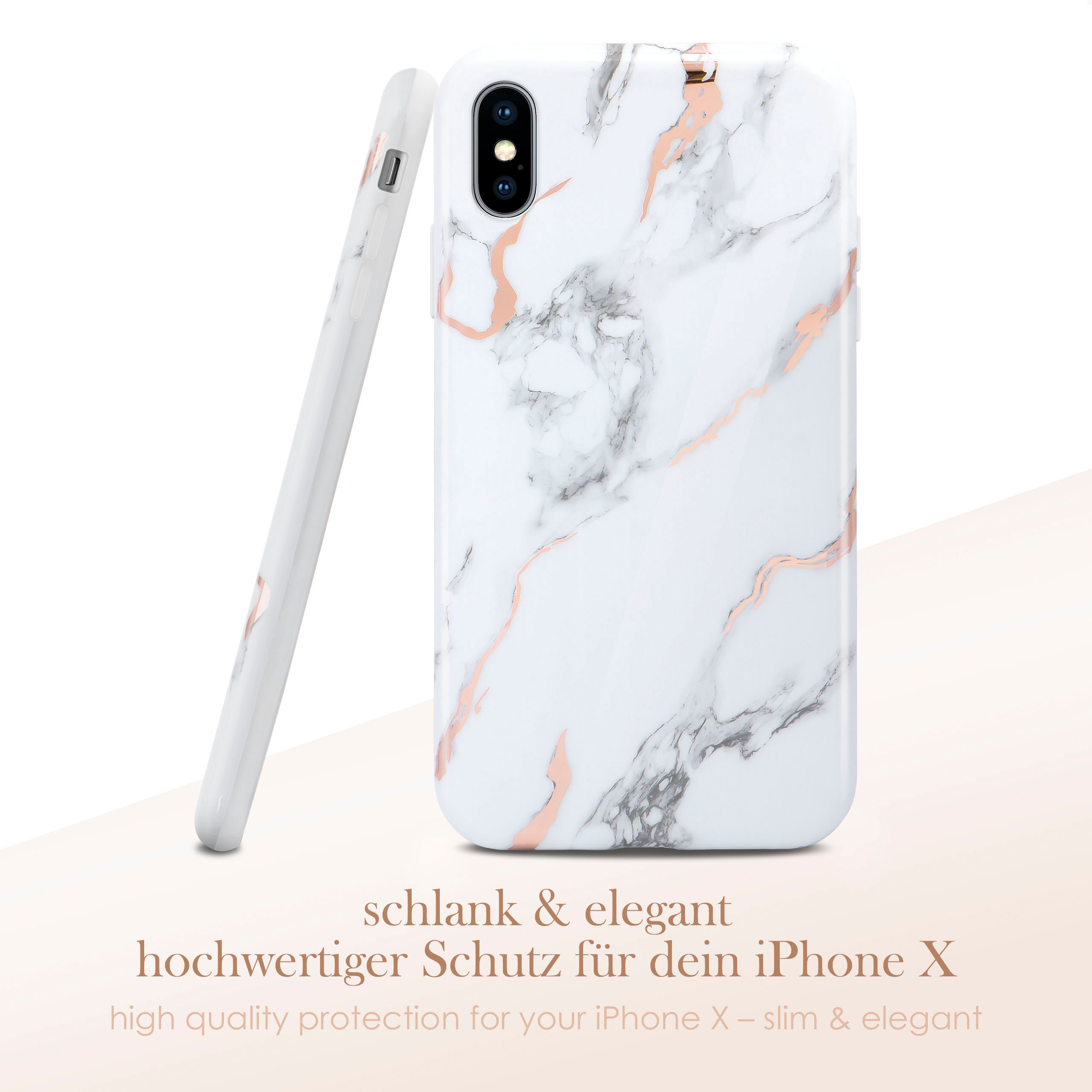 Weißes iPhone-Case mit Marmordesign und Roségold-Akzenten. Die Hülle ist schlank und elegant.