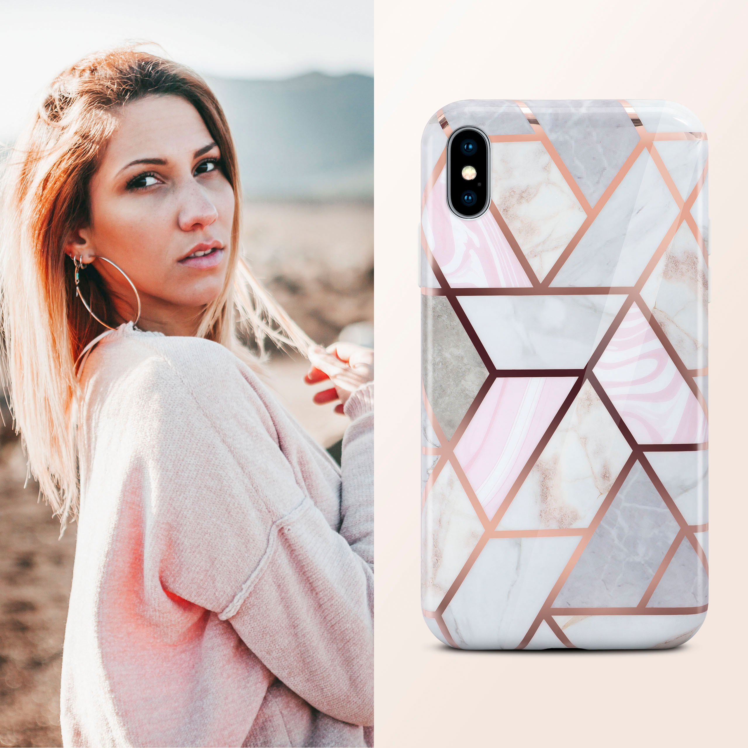 Frau mit blonden Haaren, die eine Handyhülle mit geometrischem Design hält. Der Hintergrund ist eine Landschaft.