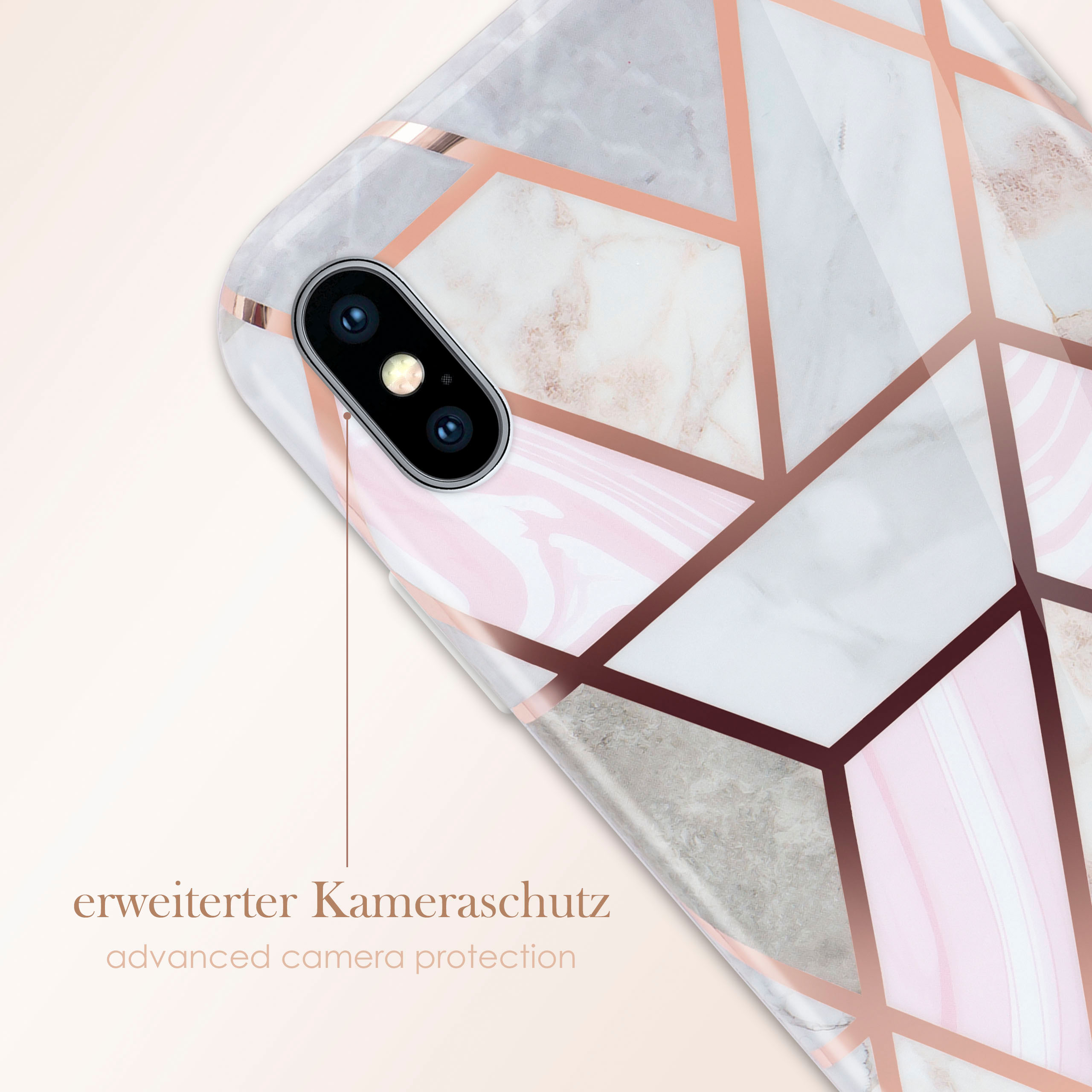 Eine Handyhülle mit Marmor- und roségoldenem geometrischen Design.