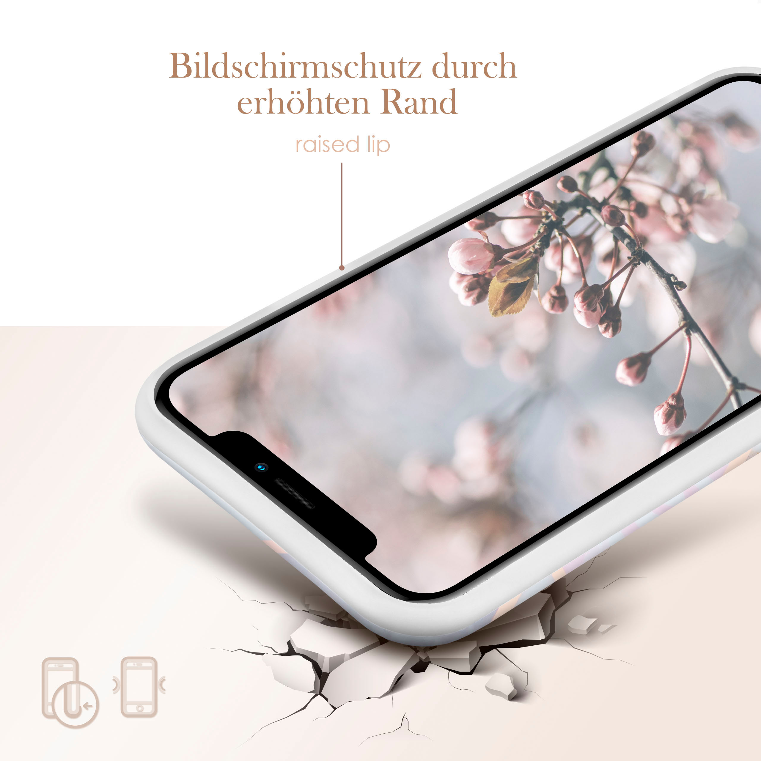 Weißes Handycase mit rosa Blumen auf dem Bildschirm. Die Hülle liegt auf einer rissigen Oberfläche.